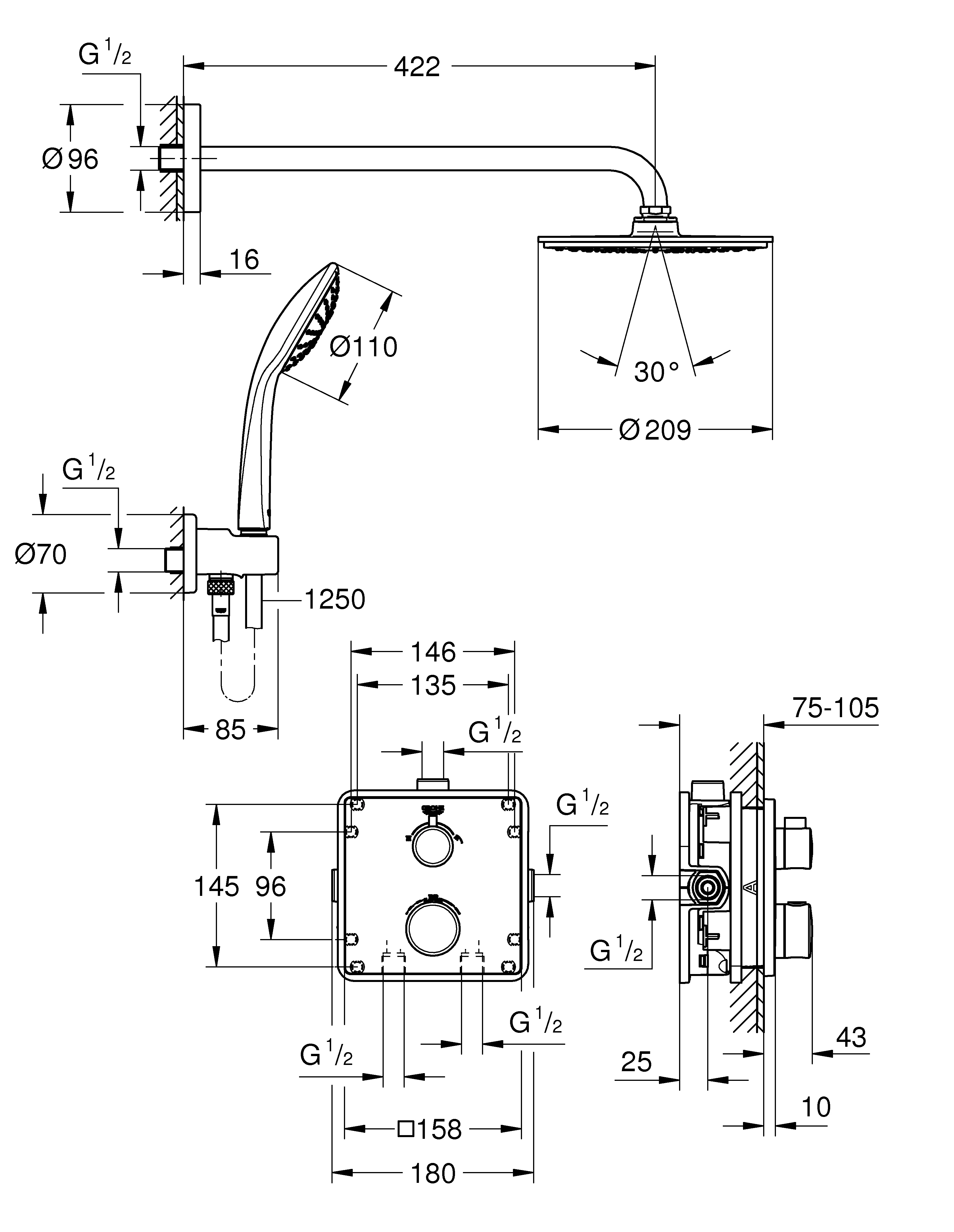 Duschsystem Unterputz Grohtherm 34734, mit Grohtherm Thermostat mit integrierter 2-Wege-Umstellung, Rainshower Cosmopolitan 210 Metall-Kopfbrause, eckige Rosette, chrom