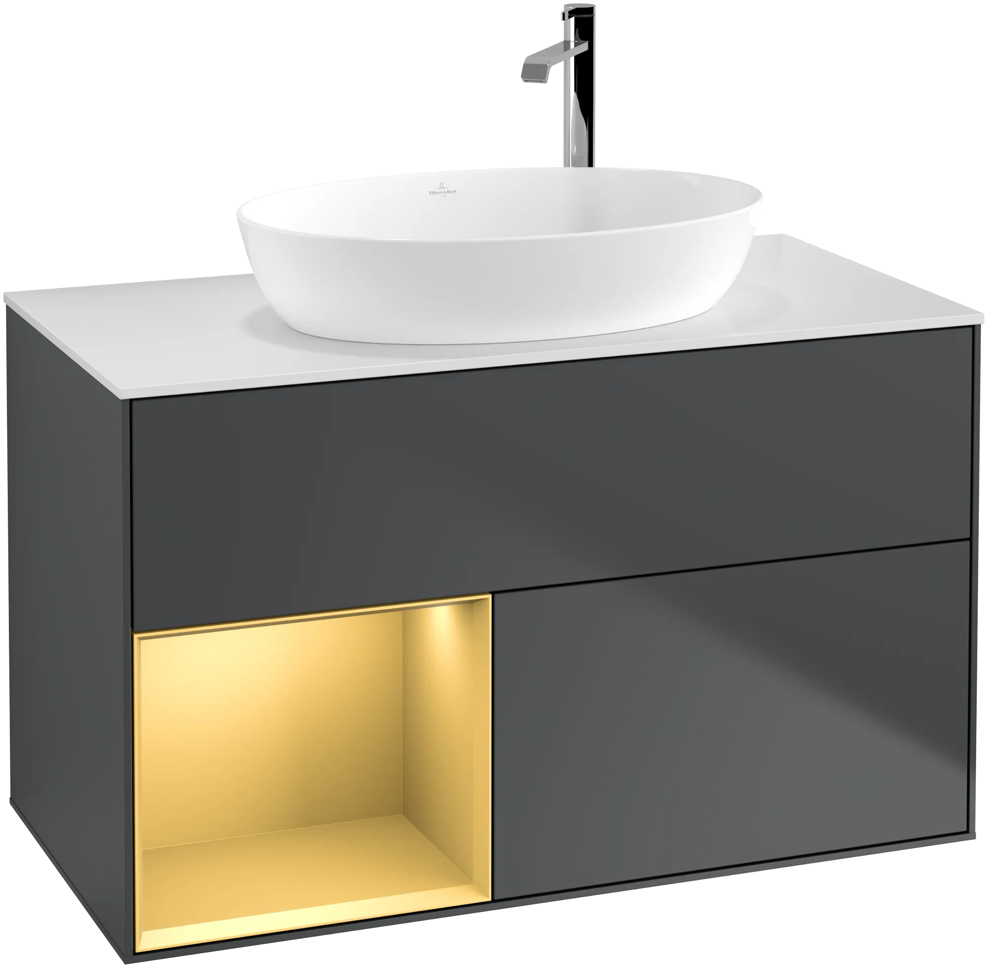 Villeroy & Boch Finion Waschbeckenunterschrank F89, 1000 x 603 x 501 mm, Midnight Blue Matt Lacquer / Gold Matt Lacquer / Glass White Matt