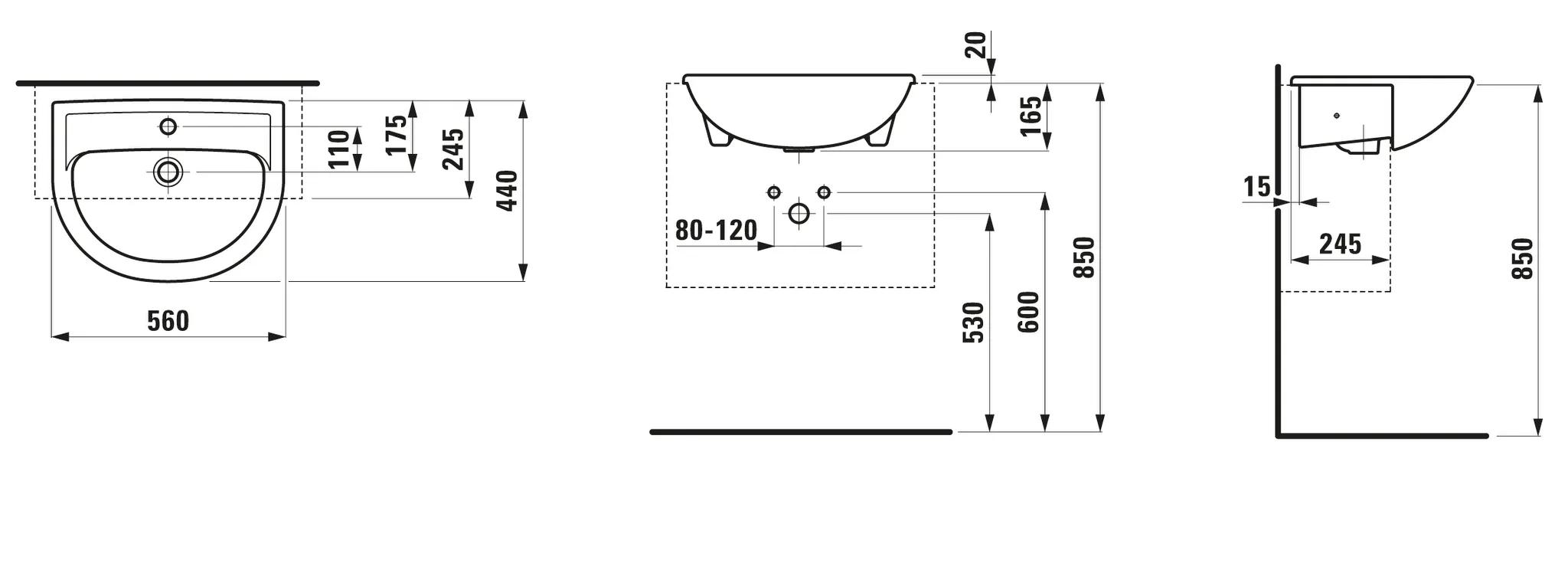 Halbeinbauwaschtisch PRO B 440x560x165 1 Hahnloch mit Überlauf weiß