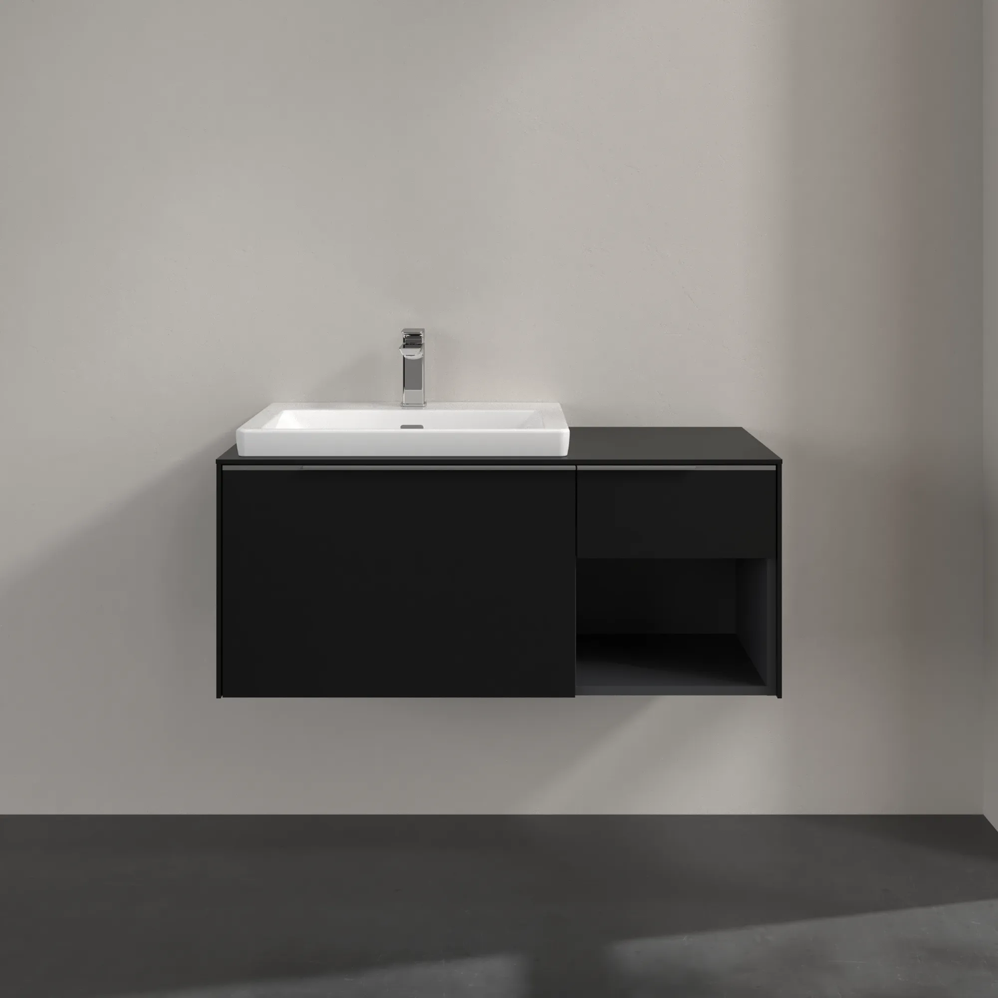 Villeroy & Boch Waschtischunterschrank mit Regalelement „Subway 3.0“ für Schrankwaschtisch 1001 × 423 × 516 mm Volcano Black, für Becken links Villeroy & Boch Waschtischunterschrank mit Regalelement „Subway 3.0“ für Schrankwaschtisch 1001 × 423 × 516 mm Volcano Black, für Becken links