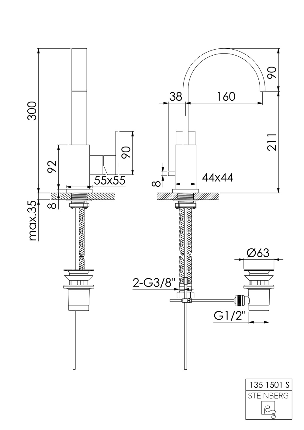 Serie 135 Waschtisch-Einhebelmischbatterie, schwenkbarer Auslauf mit Ablaufgarnitur, Ausladung: 15 cm Serie 135 Waschtisch-Einhebelmischbatterie, schwenkbarer Auslauf mit Ablaufgarnitur, Ausladung: 15 cm