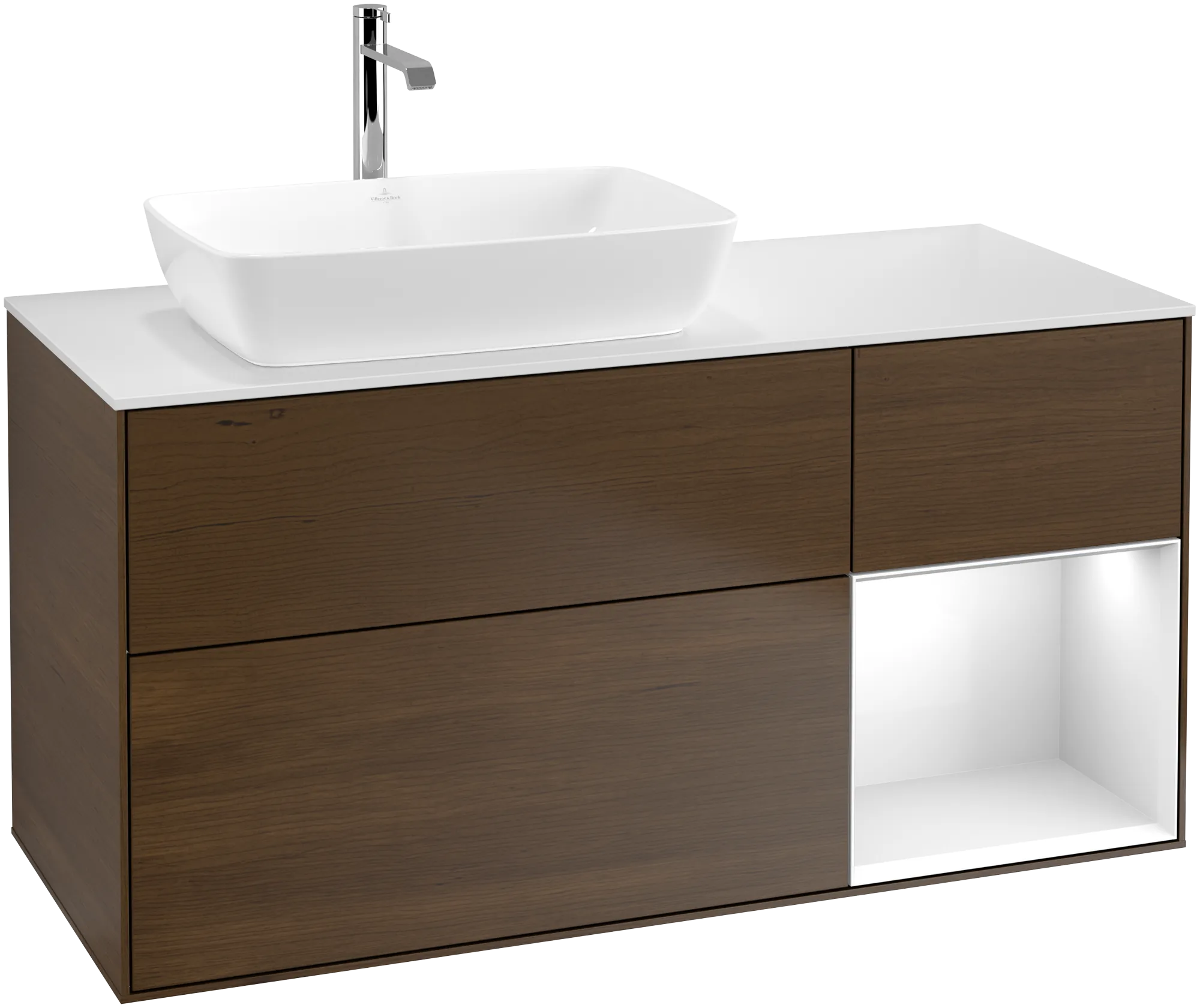 Villeroy & Boch Waschtischunterschrank „Finion“ für Schrankwaschtisch 1200 × 603 × 501 mm Walnut Veneer, für Becken links, mit Hahnlochbohrung