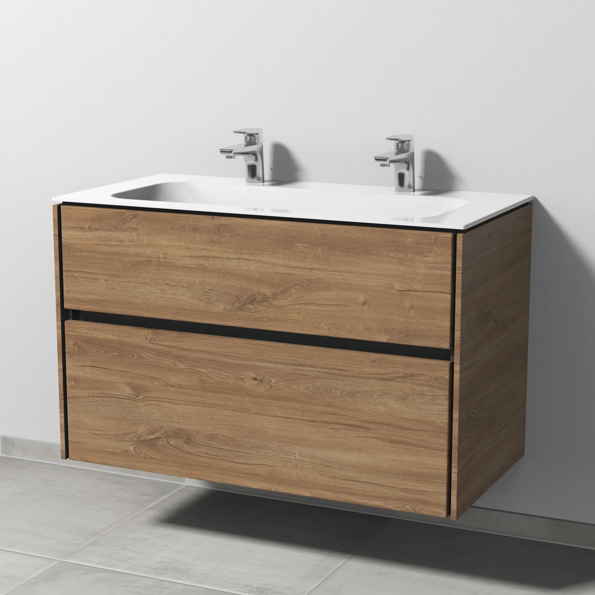 Keramik-Waschtisch-Set mit Waschtischunterschrank „Twiga“ 99 × 50 × 61 cm in Eiche Kansas, ohne Beleuchtung, mit Hahnlochbohrung Keramik-Waschtisch-Set mit Waschtischunterschrank „Twiga“ 99 × 50 × 61 cm in Eiche Kansas, ohne Beleuchtung, mit Hahnlochbohrung