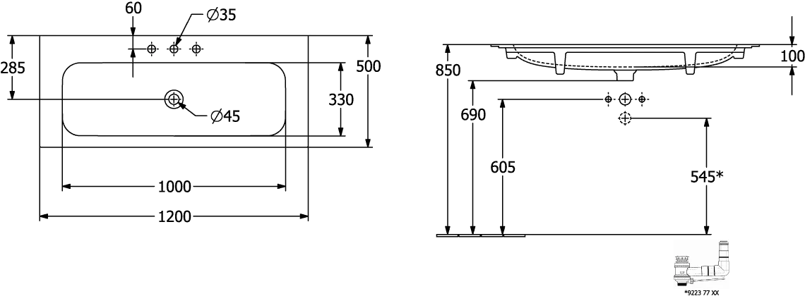Villeroy & Boch Schrankwaschtisch aus TitanCeram „Finion“ 1200 × 500 × 160 mm, mit Hahnlochbohrung, Hahnlochposition mittig in Weiß Alpin, mit CeramicPlus