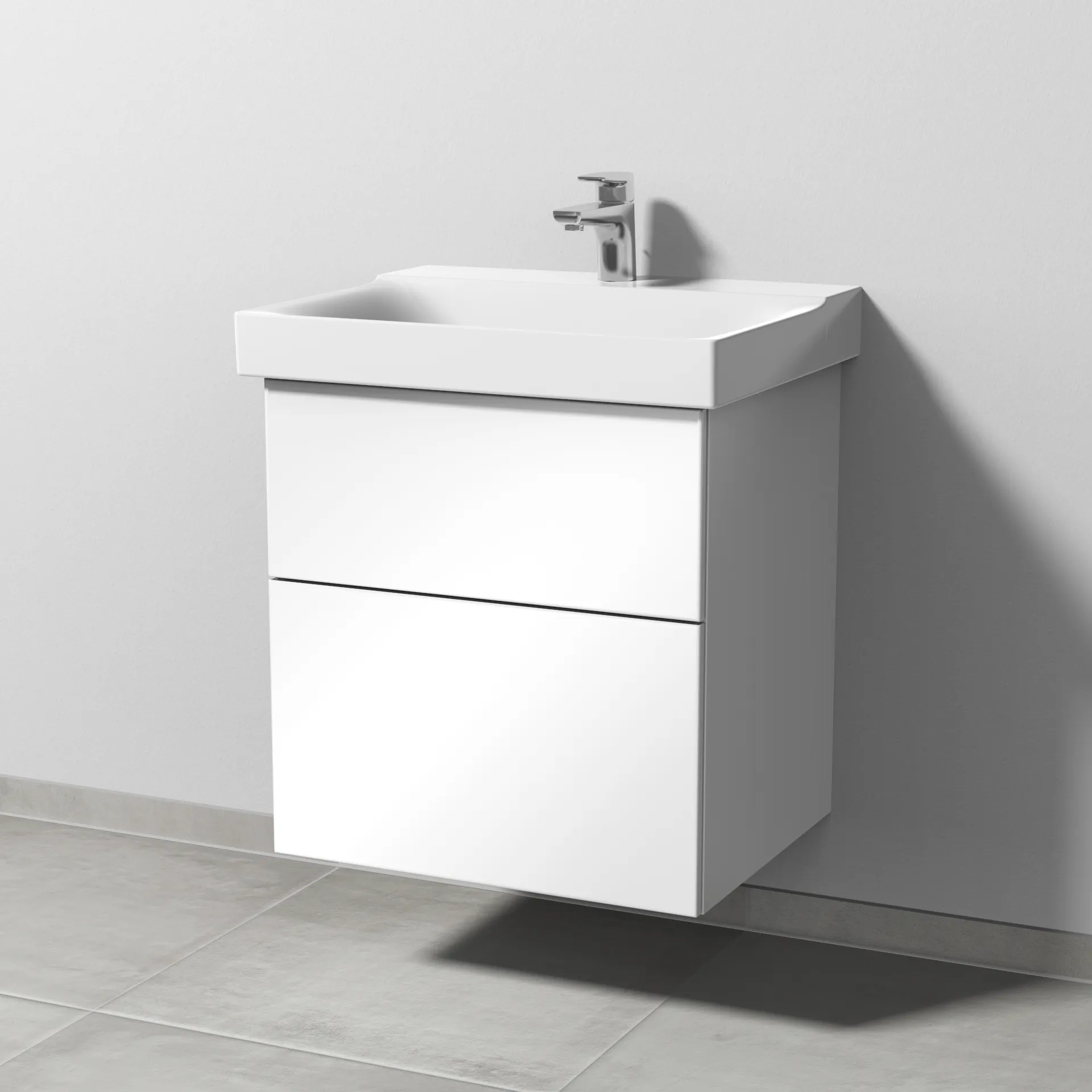 Sanipa Waschtischunterschrank „3way“ passend zu Keramik-Waschtische Xeno2 von Geberit 550 × 593 × 452 mm in Weiß (glanz), Becken mittig