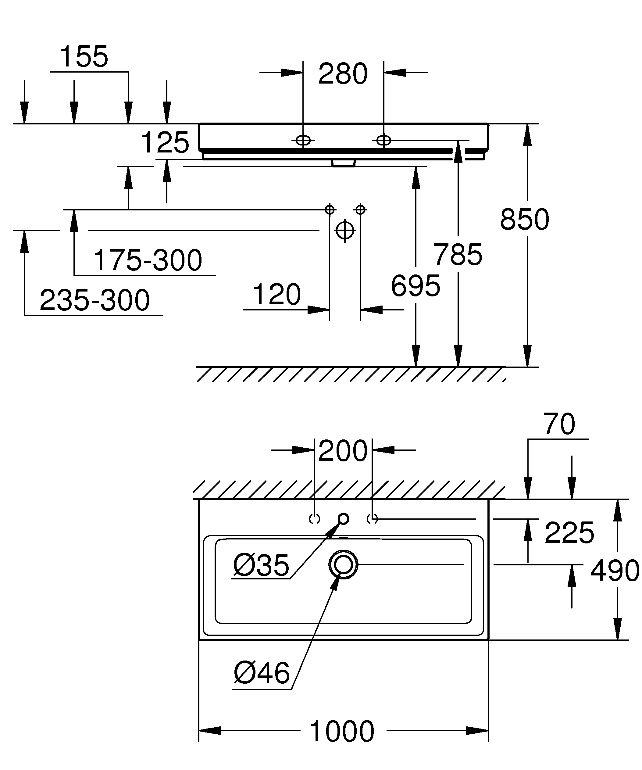 Waschtisch Cube Keramik 39386_H, 1010 x 490 mm, wandhängend, 1 Hahnloch, 2 weitere vorgestochen, mit Überlauf, PureGuard Hygieneoberfläche, aus Sanitärkeramik, alpinweiß