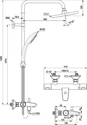 Ideal Standard Ceratherm T25 Duschsystem mit Badethermostat Chrom Ideal Standard Ceratherm T25 Duschsystem mit Badethermostat Chrom