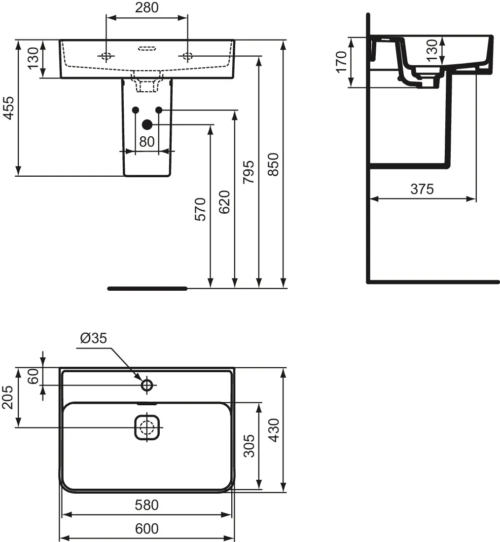 Waschbecken „StradaII“ 60 × 43 × 17 cm, Hahnlochposition mittig Waschbecken „StradaII“ 60 × 43 × 17 cm, Hahnlochposition mittig