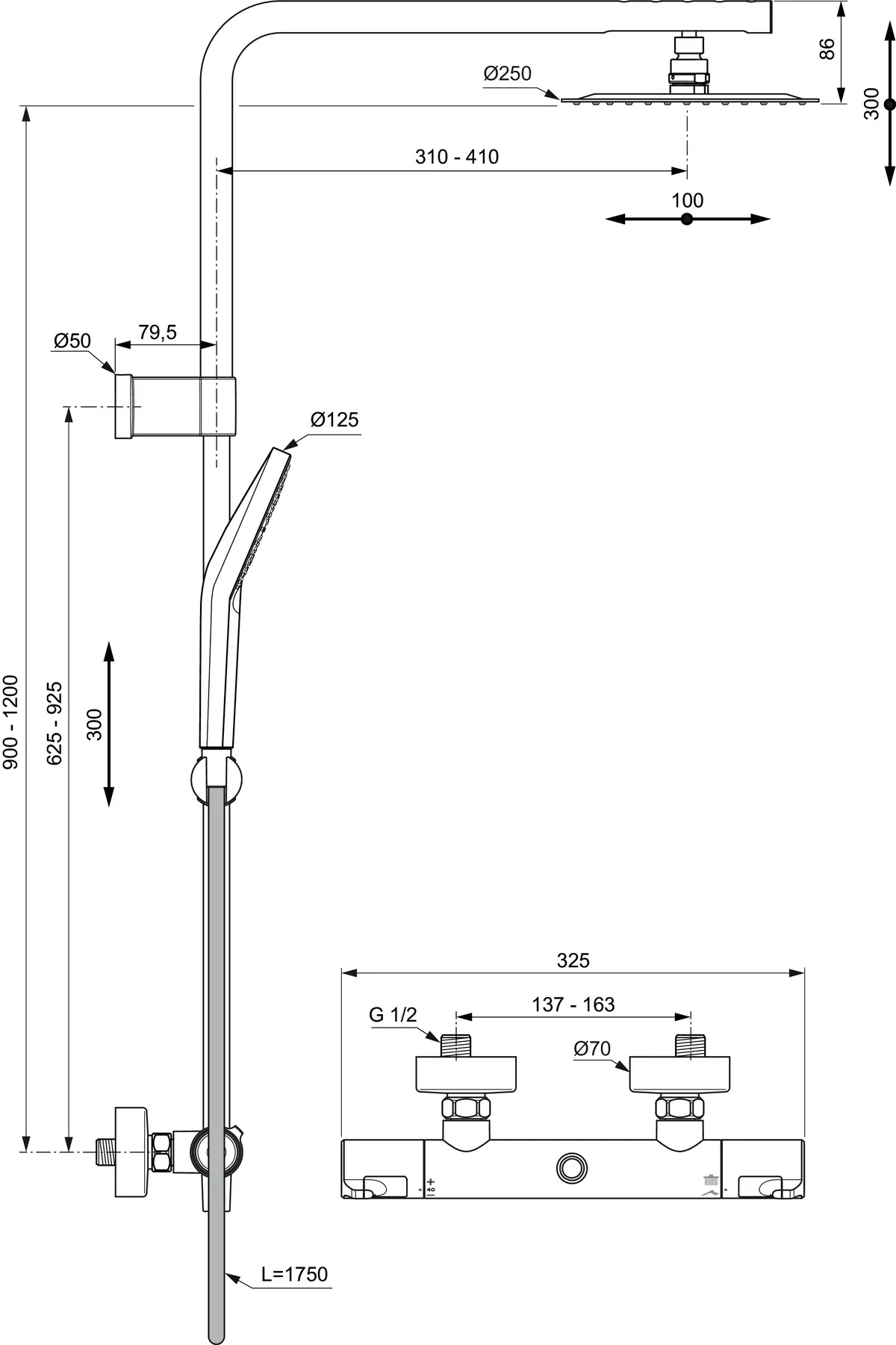 Duschsystem Ceratherm T50 länge einstellbar fix mit Teleskopfunktion Chrom