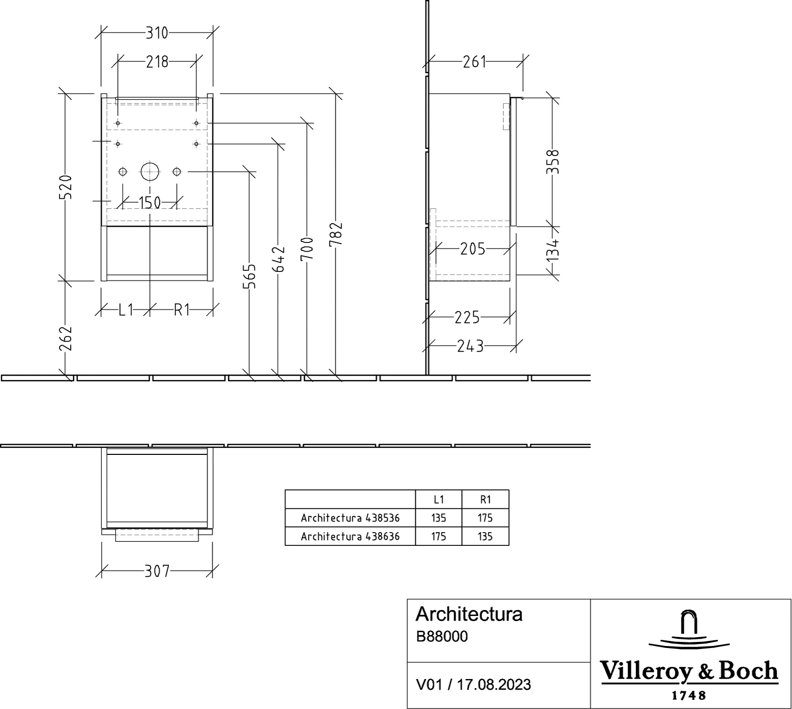 Villeroy & Boch Architectura Waschbeckenunterschrank B88000, 310 x 520 x 261 mm, links ansetzbar Villeroy & Boch Architectura Waschbeckenunterschrank B88000, 310 x 520 x 261 mm, links ansetzbar