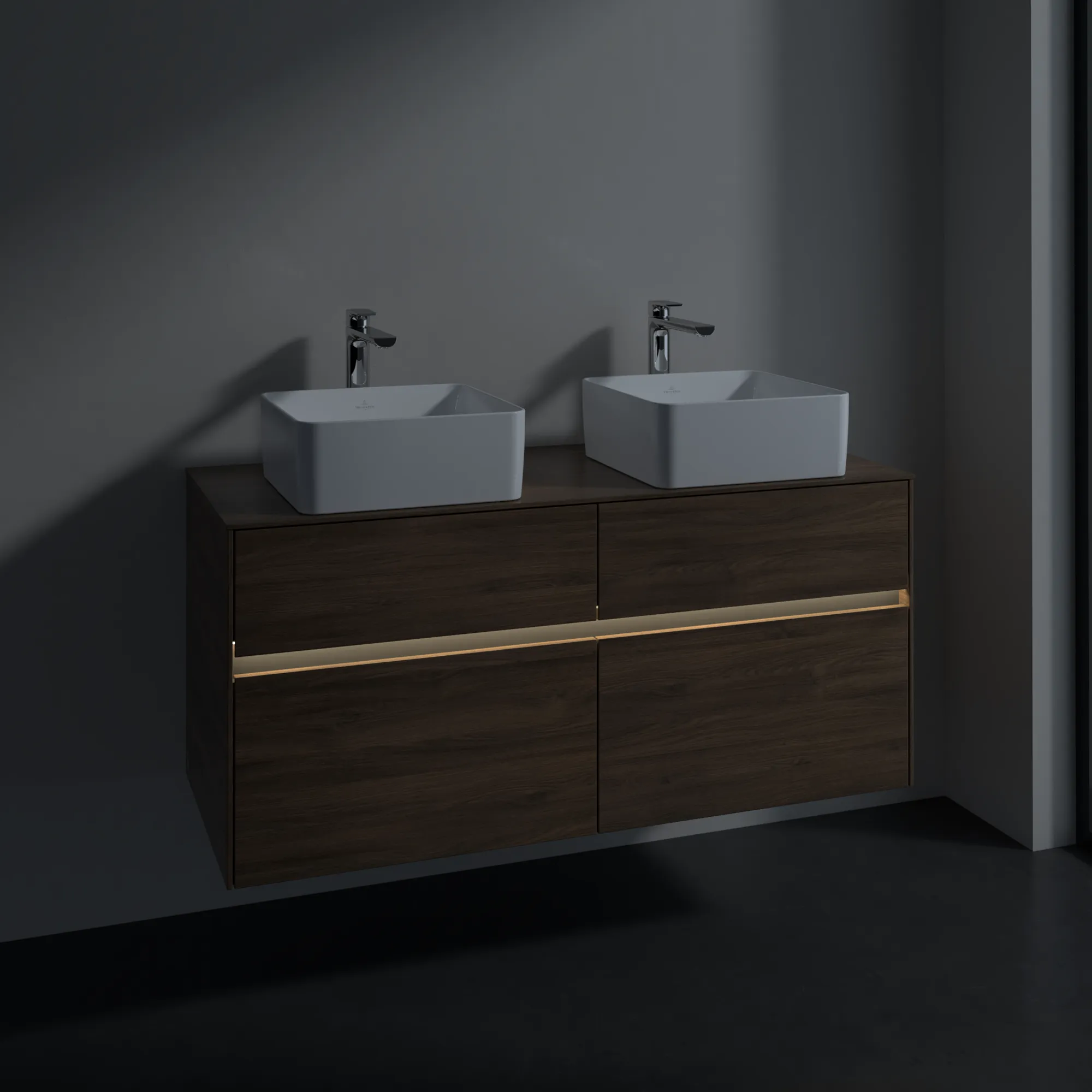 Villeroy & Boch Waschtischunterschrank „Collaro“ 1200 × 548 × 500 mm Arizona Oak, mit Beleuchtung, für links und rechts
