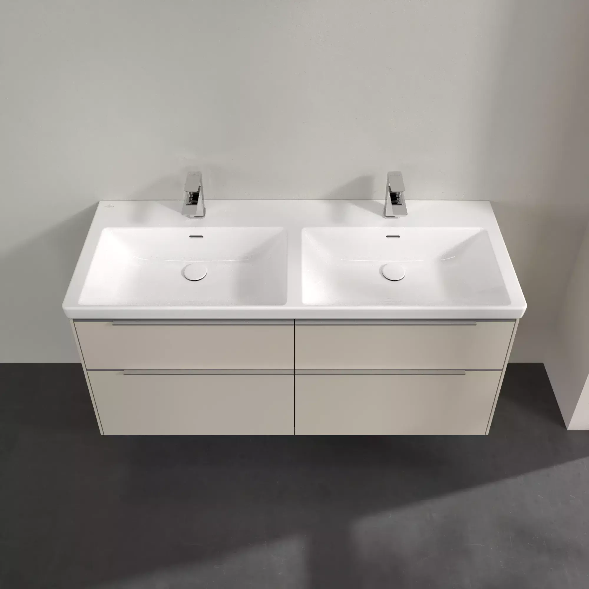 Villeroy & Boch Set-Möbelset aus Spiegelschrank, Doppelwaschtisch, Unterschrank und Hochschrank in Cashmere Grey
