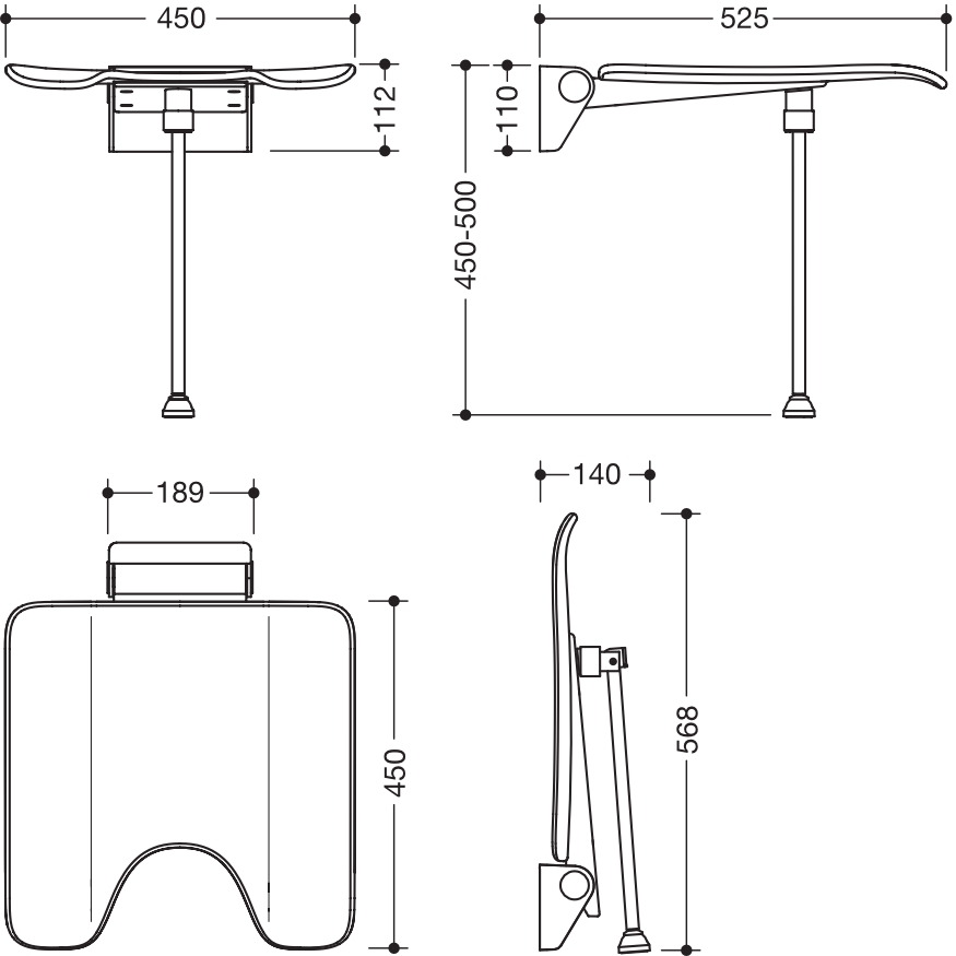 Klappsitz, System 900, Wandkonsole aus Edst., PVD, Sitzf. aus strukturiertem Kst. mit Hygieneausschnitt, schwarz, Sitzf. 450 mm breit, 450 mm tief, mit Bodenstütze für Sitzhöhe 450-500 mm, PVD, in Farbe CK (messing glänzend)