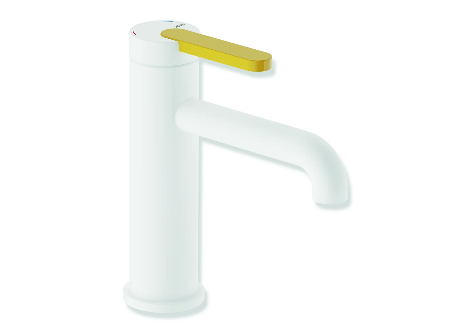 HEWI Einhebel-Waschtischmischer AQ477, System-Armaturen, pulverbeschichtet in Weiß tiefmatt mit farbigem Griffelement Senfgelb, Höhe 172 mm, Ausladung 130 mm, Durchfluss 5 l/min, Keramikkartusche K-35OP, druckfest bis 35 bar