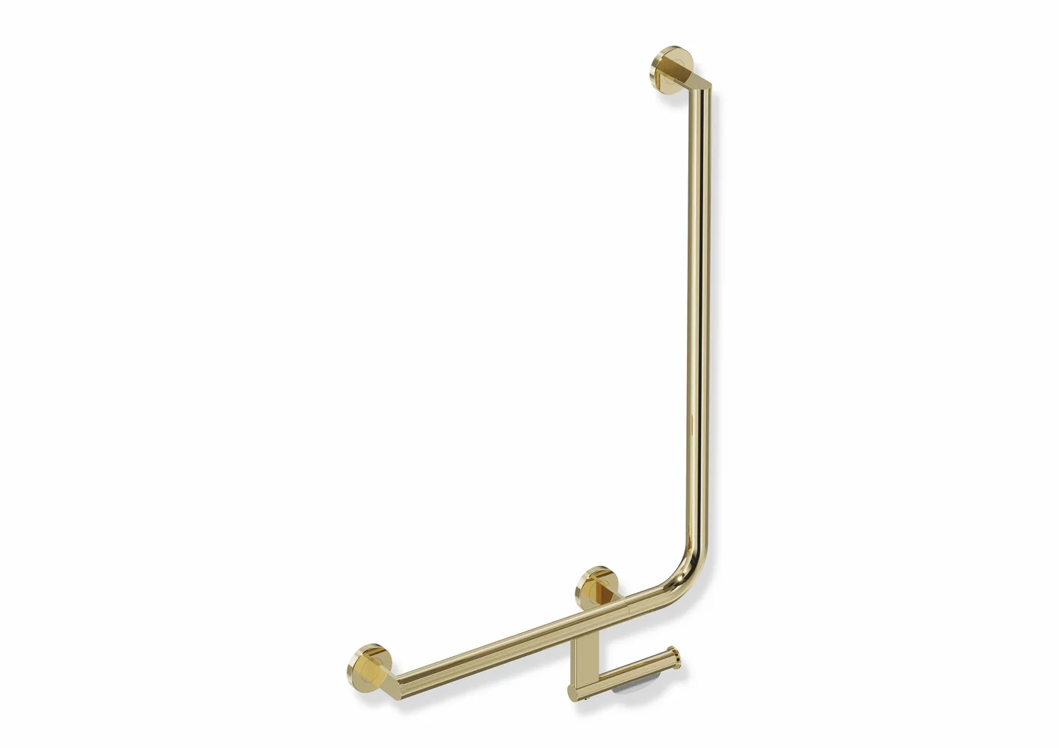 Winkelgriff mit Papierrollenhalter des Systems 900, Edelstahl, PVD, waagerechte Länge 500 mm, senkrechte Länge 750 mm, D: 32 mm, Ausführung links, in Farbe CK (Messing glänzend) Winkelgriff mit Papierrollenhalter des Systems 900, Edelstahl, PVD, waagerechte Länge 500 mm, senkrechte Länge 750 mm, D: 32 mm, Ausführung links, in Farbe CK (Messing glänzend)