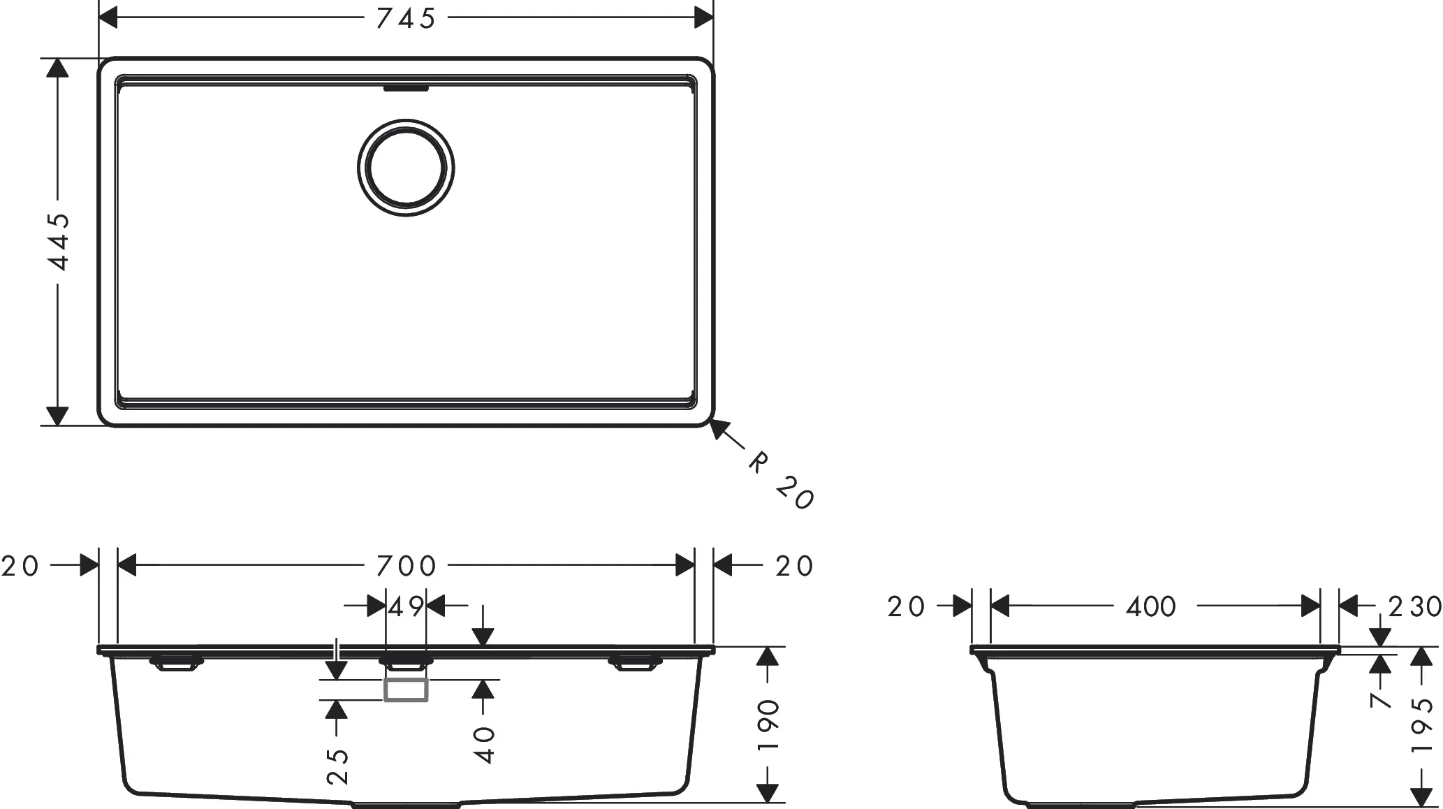Hansgrohe Einbauspüle S53 Serie 43363XXX, manuelle Ablaufgarnitur Steingrau, Ausschnitt 731 x 431 mm, Beckentiefe 190 mm, flächenbündiger Einbau ohne Hahnloch Hansgrohe Einbauspüle S53 Serie 43363XXX, manuelle Ablaufgarnitur Steingrau, Ausschnitt 731 x 431 mm, Beckentiefe 190 mm, flächenbündiger Einbau ohne Hahnloch