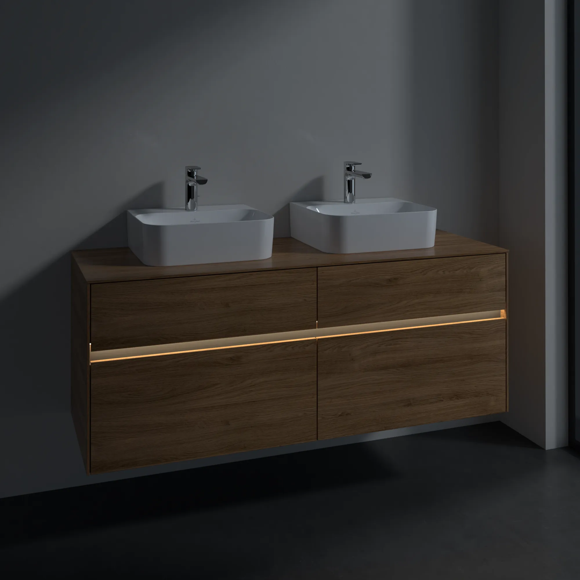 Villeroy & Boch Waschtischunterschrank „Collaro“ 1400 × 548 × 500 mm Kansas Oak, mit Beleuchtung, für links und rechts Villeroy & Boch Waschtischunterschrank „Collaro“ 1400 × 548 × 500 mm Kansas Oak, mit Beleuchtung, für links und rechts