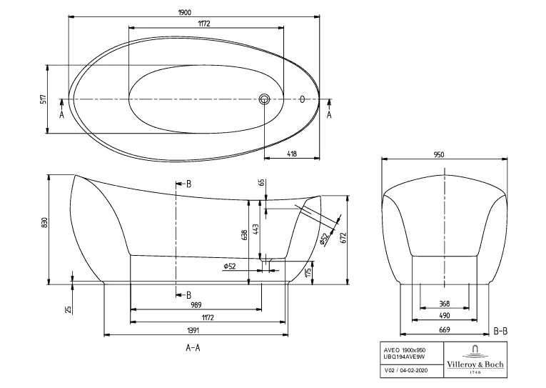 Villeroy & Boch Badewanne „Aveo New Generation“ freistehend oval 190 × 95 cm, Fußablauf