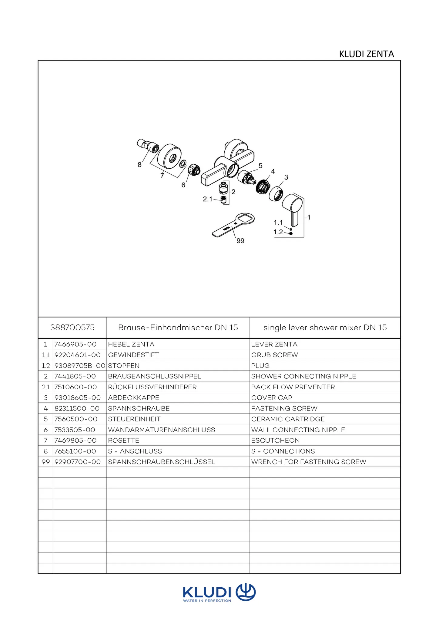 Kludi ZENTA Brause-Einhandmischer DN 15 chrom Kludi ZENTA Brause-Einhandmischer DN 15 chrom