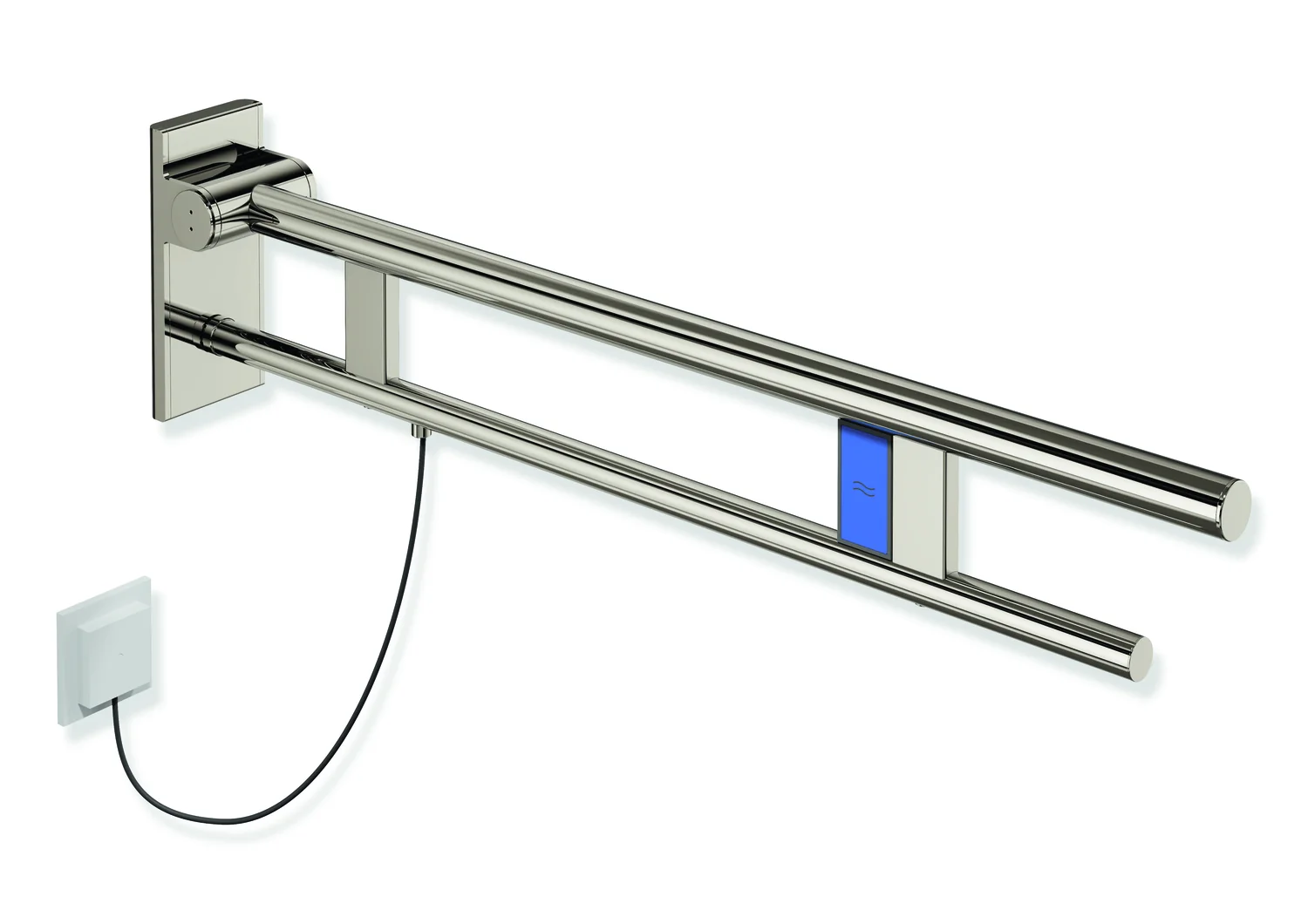 HEWI Stützklappgriff Duo System 900, Design A, Edelstahl PVD nickelglänzend, Ausladung 850 mm, Spülauslösung links, Höhe 210 mm, Breite 101 mm HEWI Stützklappgriff Duo System 900, Design A, Edelstahl PVD nickelglänzend, Ausladung 850 mm, Spülauslösung links, Höhe 210 mm, Breite 101 mm