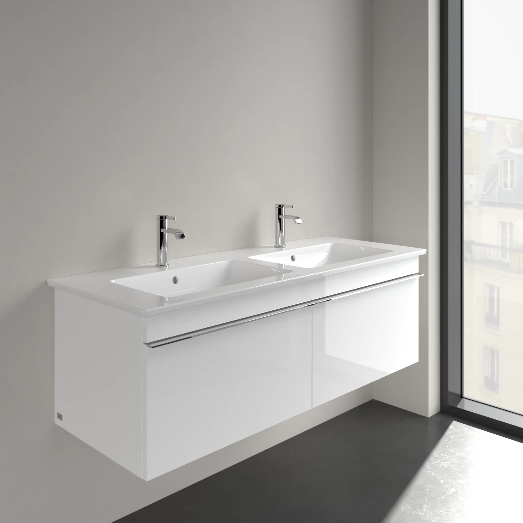 Villeroy & Boch Doppelwaschtisch „Venticello“ 1300 × 500 × 170 mm, für Becken mittig, mit Hahnlochbohrung, Hahnlochposition links und rechts in Weiß Alpin Villeroy & Boch Doppelwaschtisch „Venticello“ 1300 × 500 × 170 mm, für Becken mittig, mit Hahnlochbohrung, Hahnlochposition links und rechts in Weiß Alpin