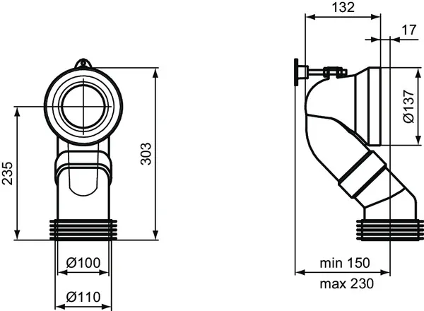 Ideal Standard Anschlussstutzen Abgang 90mm, Serienübergreifend, 132x315x290 mm