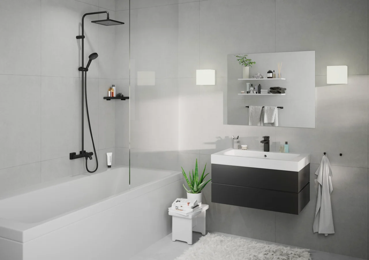 Hansgrohe Vernis Shape Showerpipe 240 1jet mit Wannenthermostat, mattschwarz, 240 x 240 mm Brausekopfgröße, Aufputzinstallation