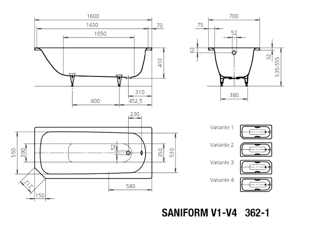 Kaldewei SANIFORM V1-V4 Badewanne, 1600x700 mm, bahamabeige, Perl-Effekt Kaldewei SANIFORM V1-V4 Badewanne, 1600x700 mm, bahamabeige, Perl-Effekt