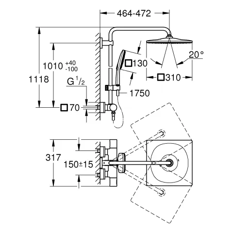 Duschsystem Rainshower SmartActive 310 26837, mit Thermostatbatterie, Wandmontage, 450mm Duscharm, Kopfbrause Rainshower Mono 310 Cube, Handbrause Rainshower SmartActive 130 Cube, hard graphite Duschsystem Rainshower SmartActive 310 26837, mit Thermostatbatterie, Wandmontage, 450mm Duscharm, Kopfbrause Rainshower Mono 310 Cube, Handbrause Rainshower SmartActive 130 Cube, hard graphite