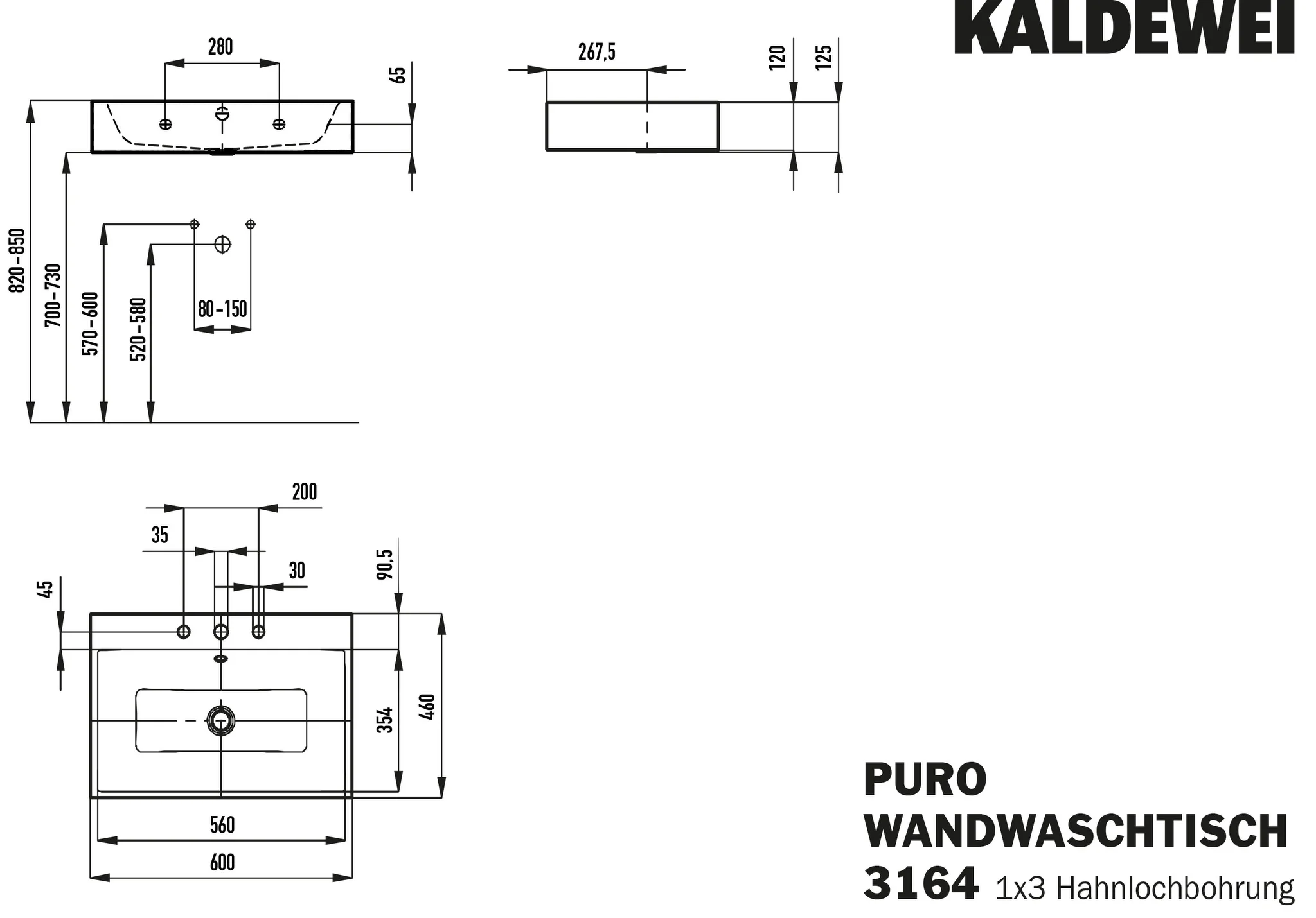 Wandwaschtisch „Puro“ 60 × 46 cm in manhattan, mit Perl-Effekt