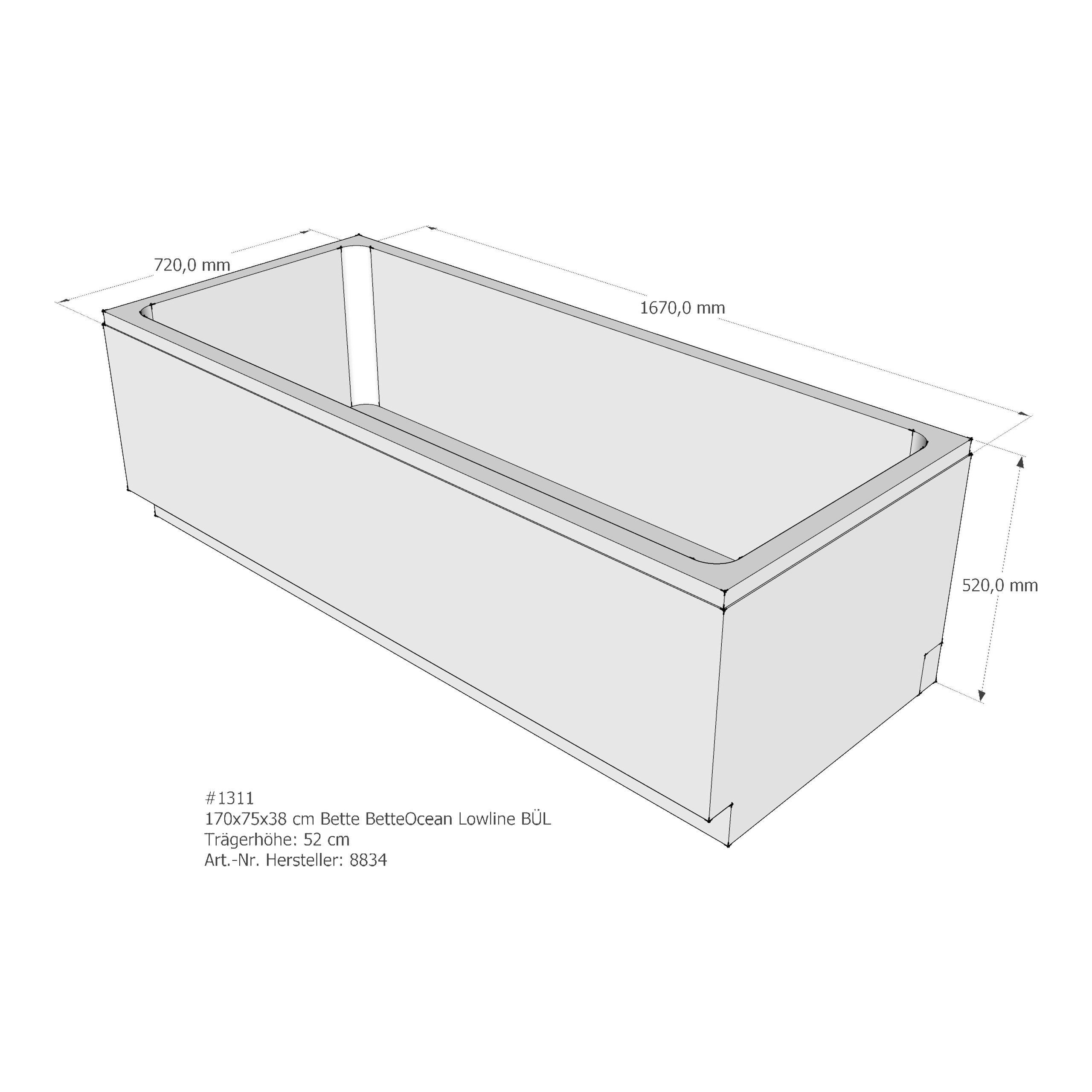 Badewannenträger für Bette Ocean Lowline 170 × 75 × 38 cm Ab- und Überlaufposition: hinten / Breite: 75 cm / Länge: 170 cm Badewannenträger für Bette Ocean Lowline 170 × 75 × 38 cm Ab- und Überlaufposition: hinten / Breite: 75 cm / Länge: 170 cm