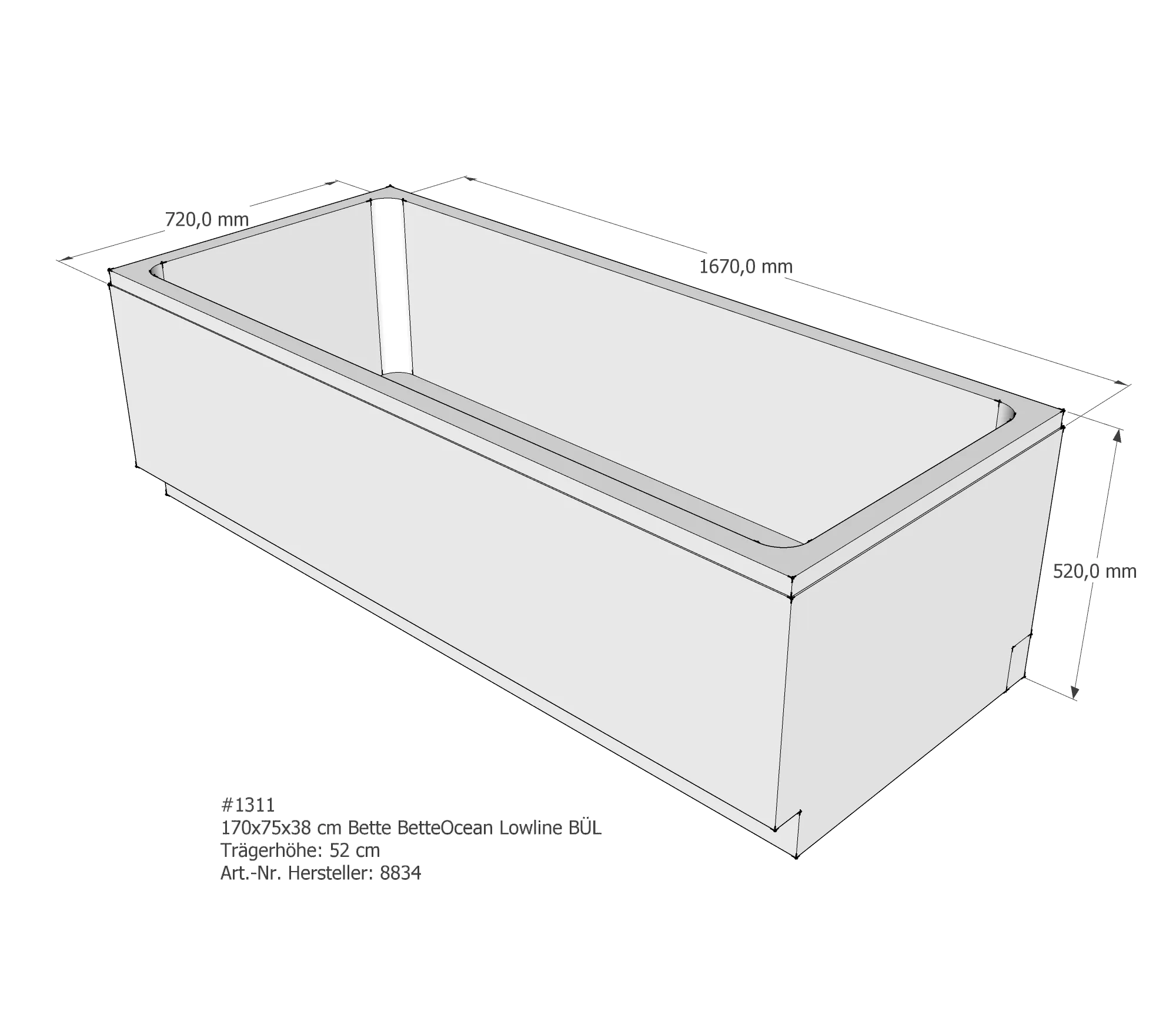 Badewannenträger für Bette Ocean Lowline 170 × 75 × 38 cm Ab- und Überlaufposition: hinten / Breite: 75 cm / Länge: 170 cm