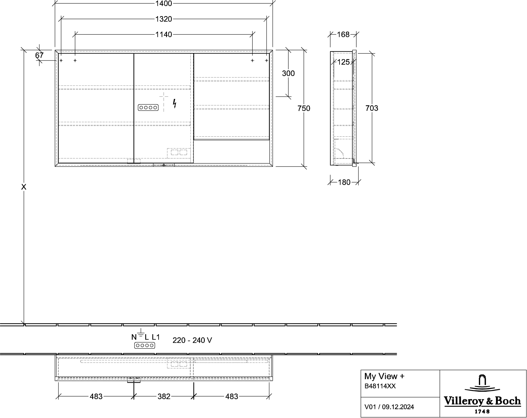 Villeroy & Boch Aufputz-Spiegelschrank My View+ B48114, 1400x750x168mm, Stone Oak