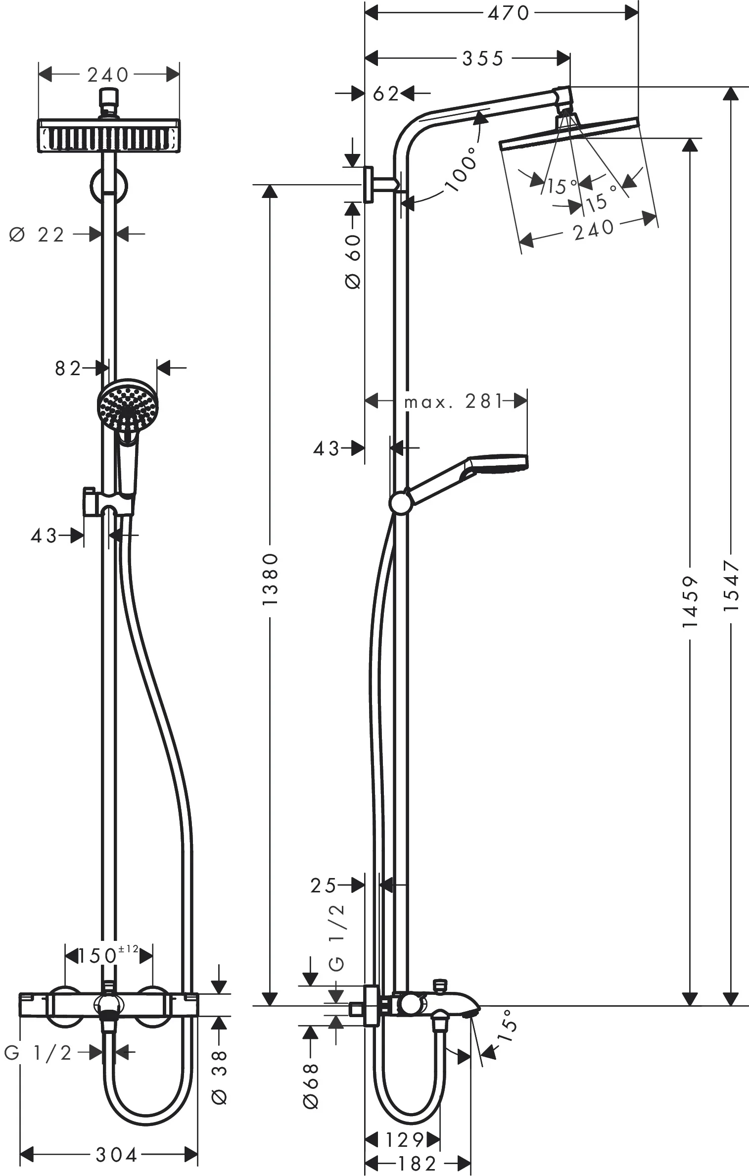 Hansgrohe Crometta E Showerpipe 240 mit Thermostat - Chrom, 240 x 240 mm, Aufputzinstallation