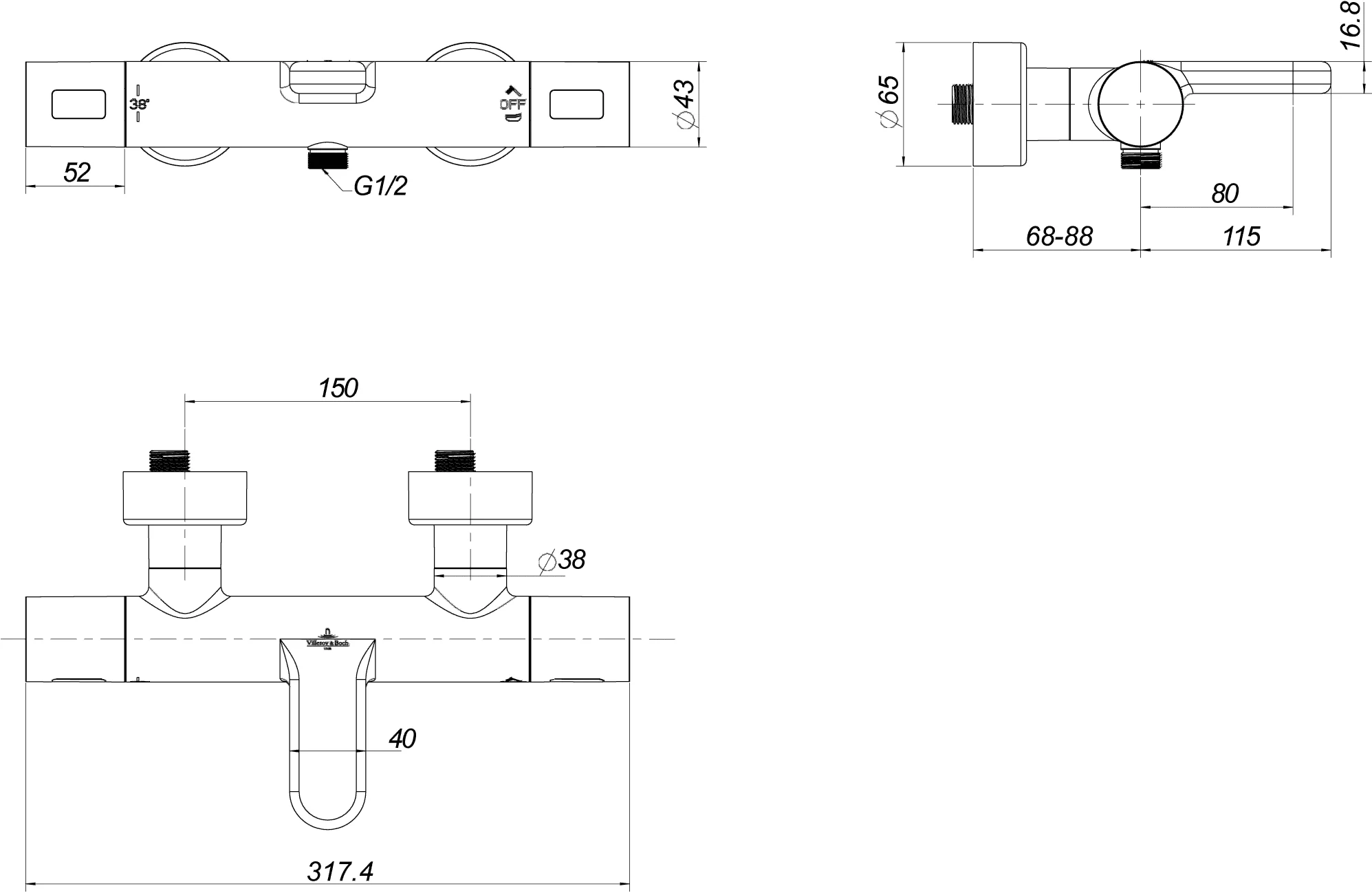 Villeroy & Boch Badewannenthermostat Universal Taps & Fittings TVT000001000, 317x65x203mm, Chrom