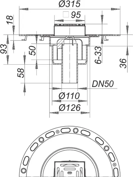 Bodenablauf TistoPlan senkrecht K 10, DN 50, 100 x 100 mm