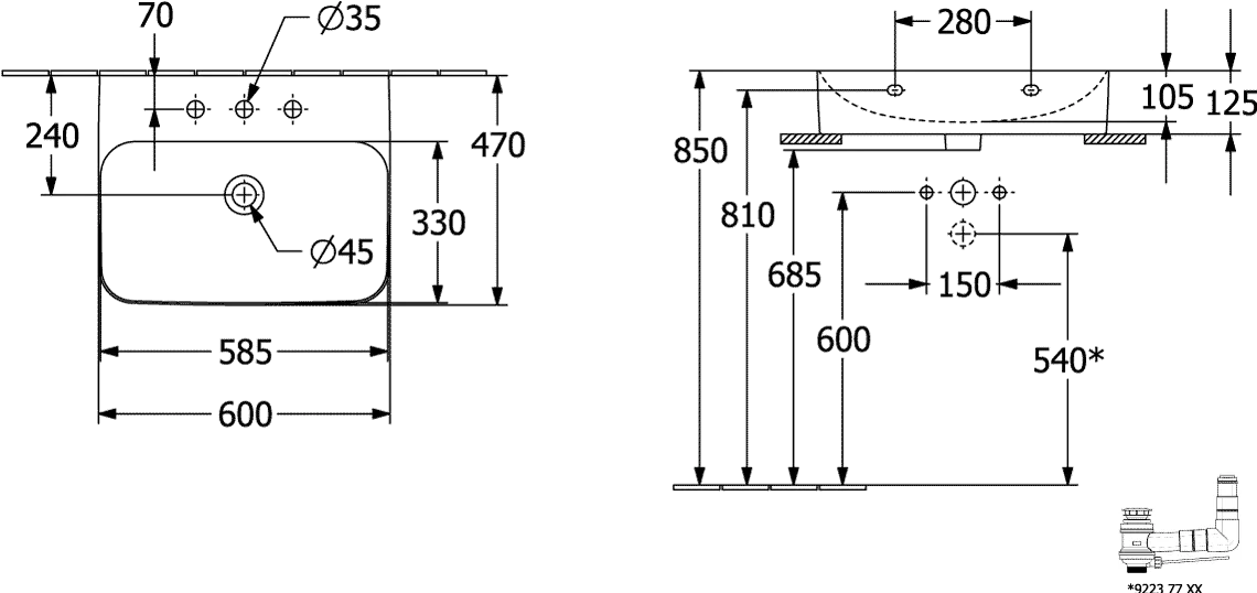 Villeroy & Boch Wandwaschtisch aus TitanCeram geschliffen „Finion“ 600 × 470 × 164 mm, mit Hahnlochbohrung, Hahnlochposition mittig in Weiß Alpin, mit CeramicPlus