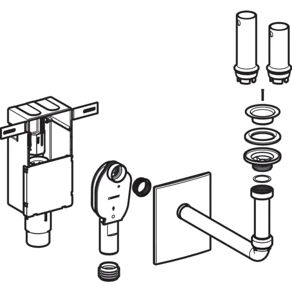 UP-Geruchsverschluss für Waschbecken, mit Wandeinbaukasten, Fertigbauset, Siebventil und Standrohr, Abgang horizontal: d=50-56mm, hochglanz-verchromt UP-Geruchsverschluss für Waschbecken, mit Wandeinbaukasten, Fertigbauset, Siebventil und Standrohr, Abgang horizontal: d=50-56mm, hochglanz-verchromt