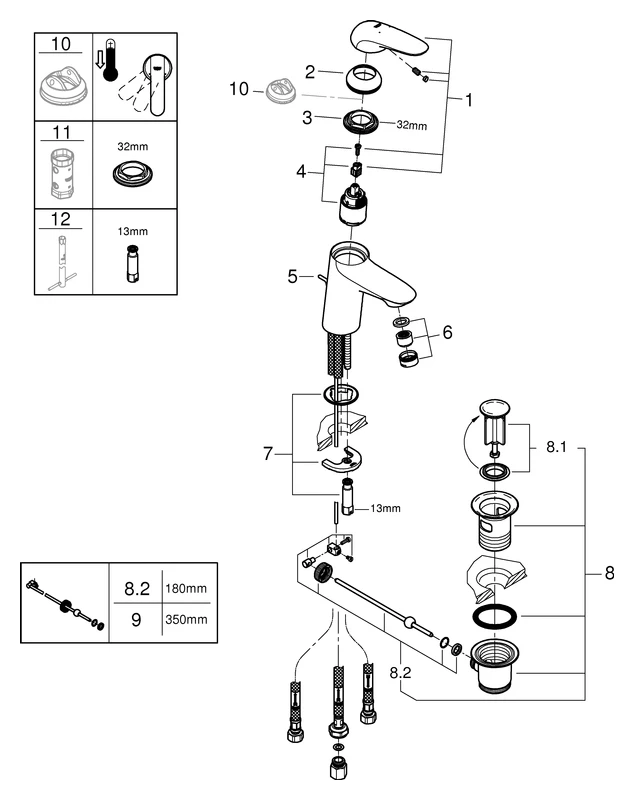 Einhand-Waschtischbatterie Eurostyle 23710_3, S-Size, Einlochmontage, geschlossener Metall-Hebelgriff, Niederdruck für offene Warmwasserbereiter, Zugstangen-Ablaufgarnitur 1 1/4'', chrom