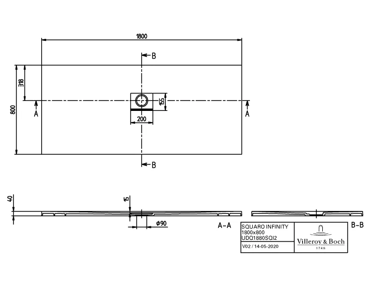 Villeroy & Boch rechteck Duschwanne „Squaro Infinity“ 180 × 80 cm