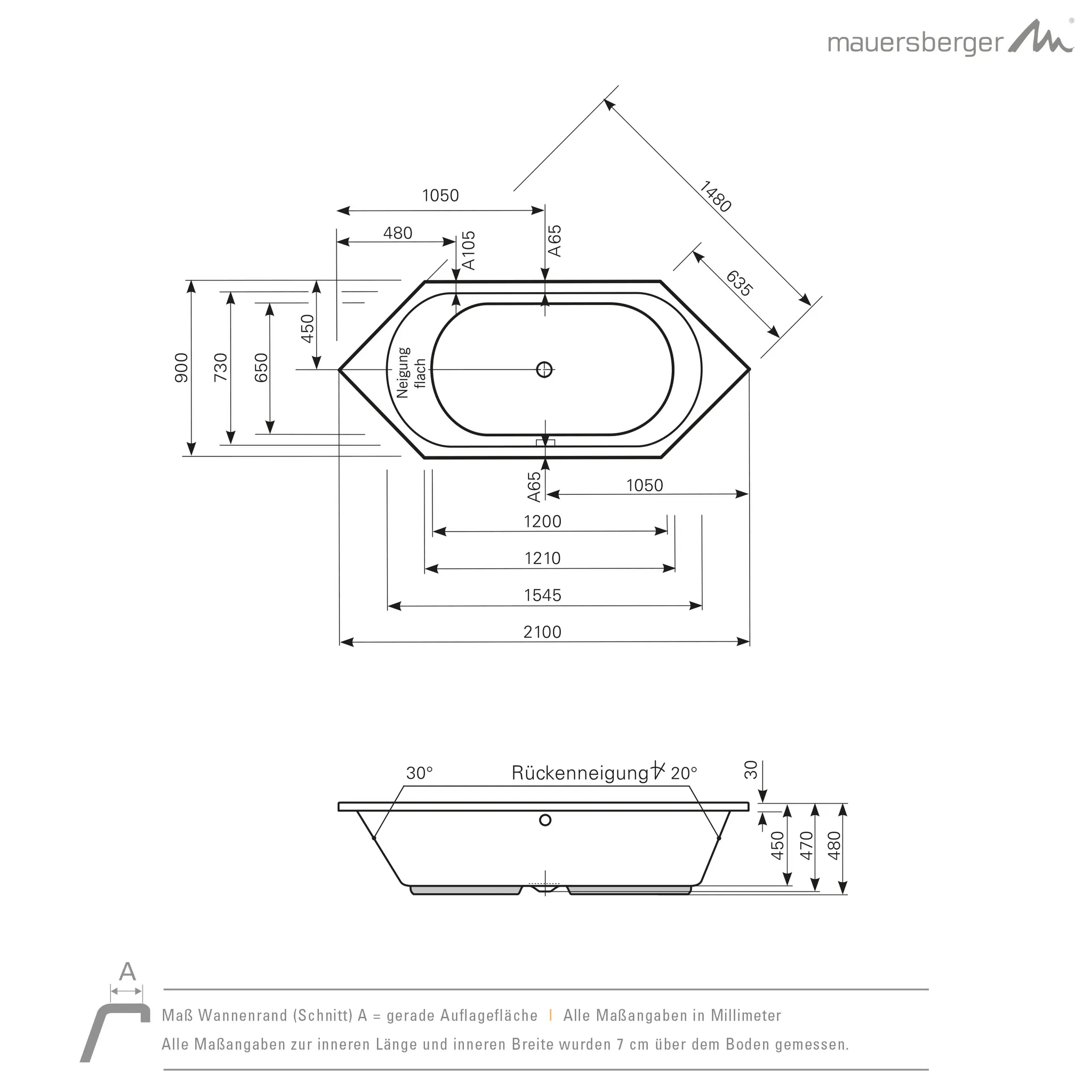 Mauersberger ovata Acryl-Badewanne 6-/8-Eckform, weiß, 2100x900x480