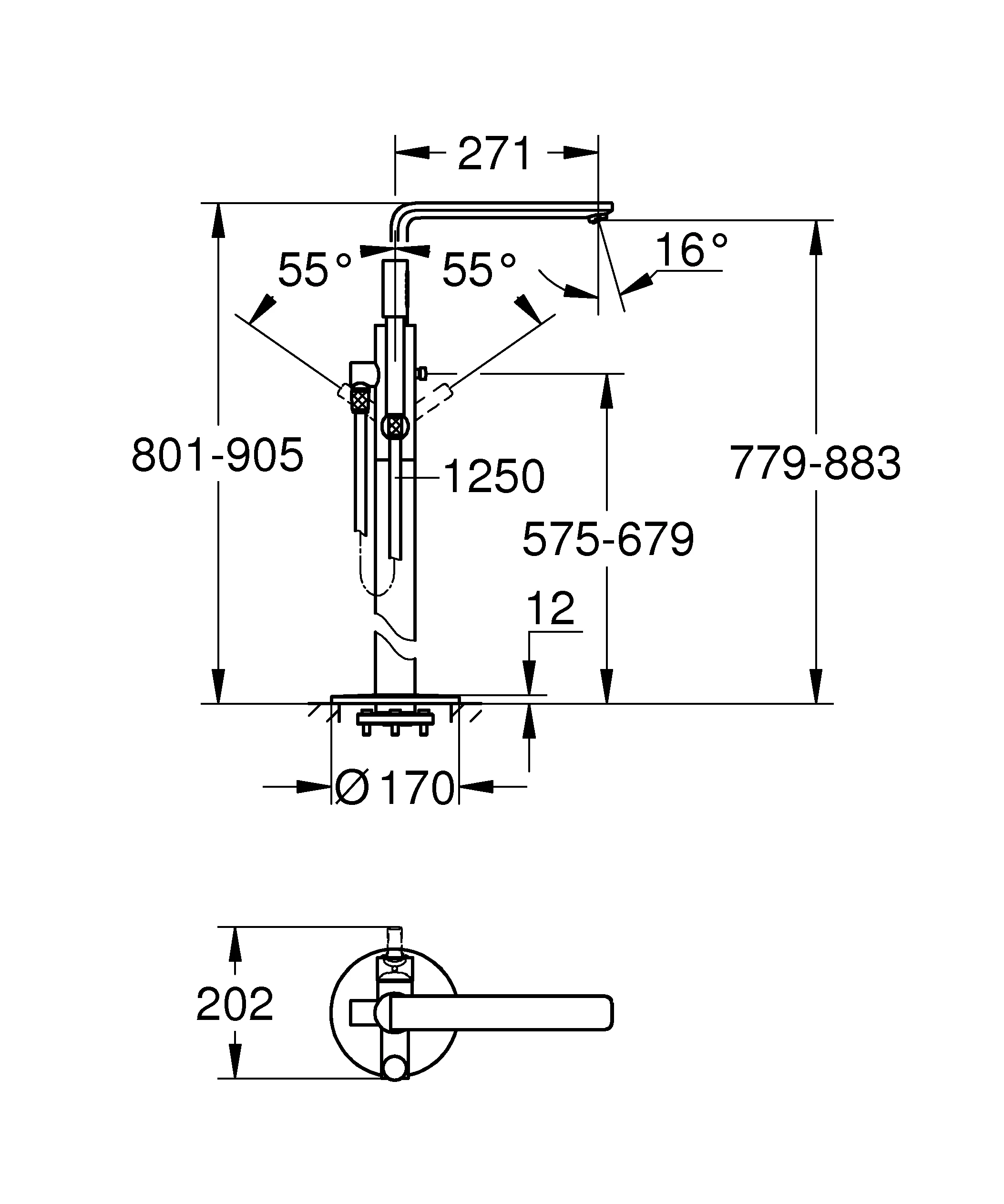 Einhand-Wannenbatterie Lineare 23792_1, Bodenmontage, Fertigmontageset für 45 984, mit Brauseset und Brauseschlauch, eigensicher, chrom