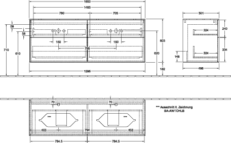 Villeroy & Boch Waschtischunterschrank „Finion“ für Schrankwaschtisch 160 × 60,3 × 50,1 cm 4 Schubladen, für 2 Waschbecken links und rechts