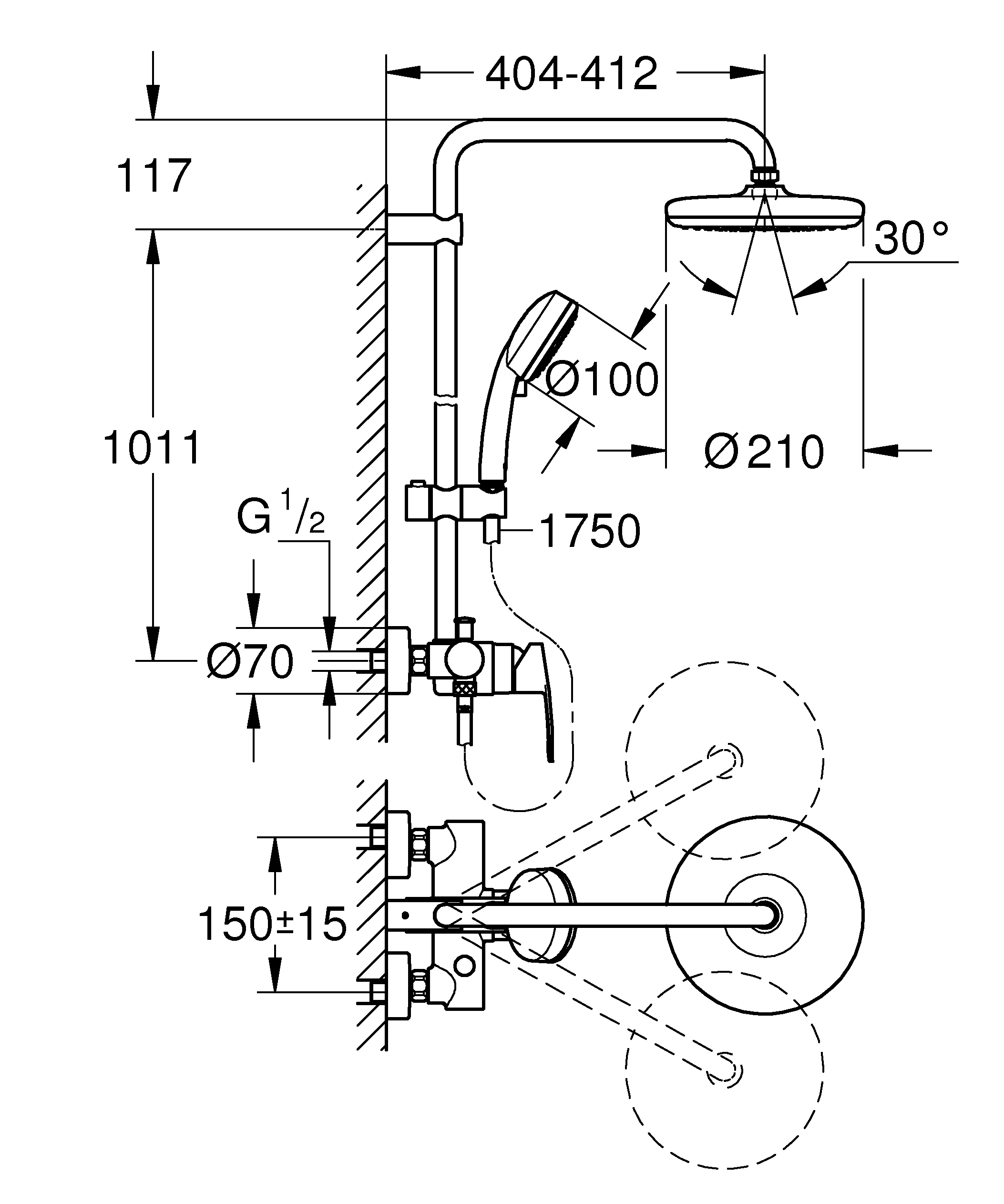 Duschsystem Tempesta Cosmopolitan System 210 26224_1, mit Aufputz-Einhandmischer, Wandmontage, chrom