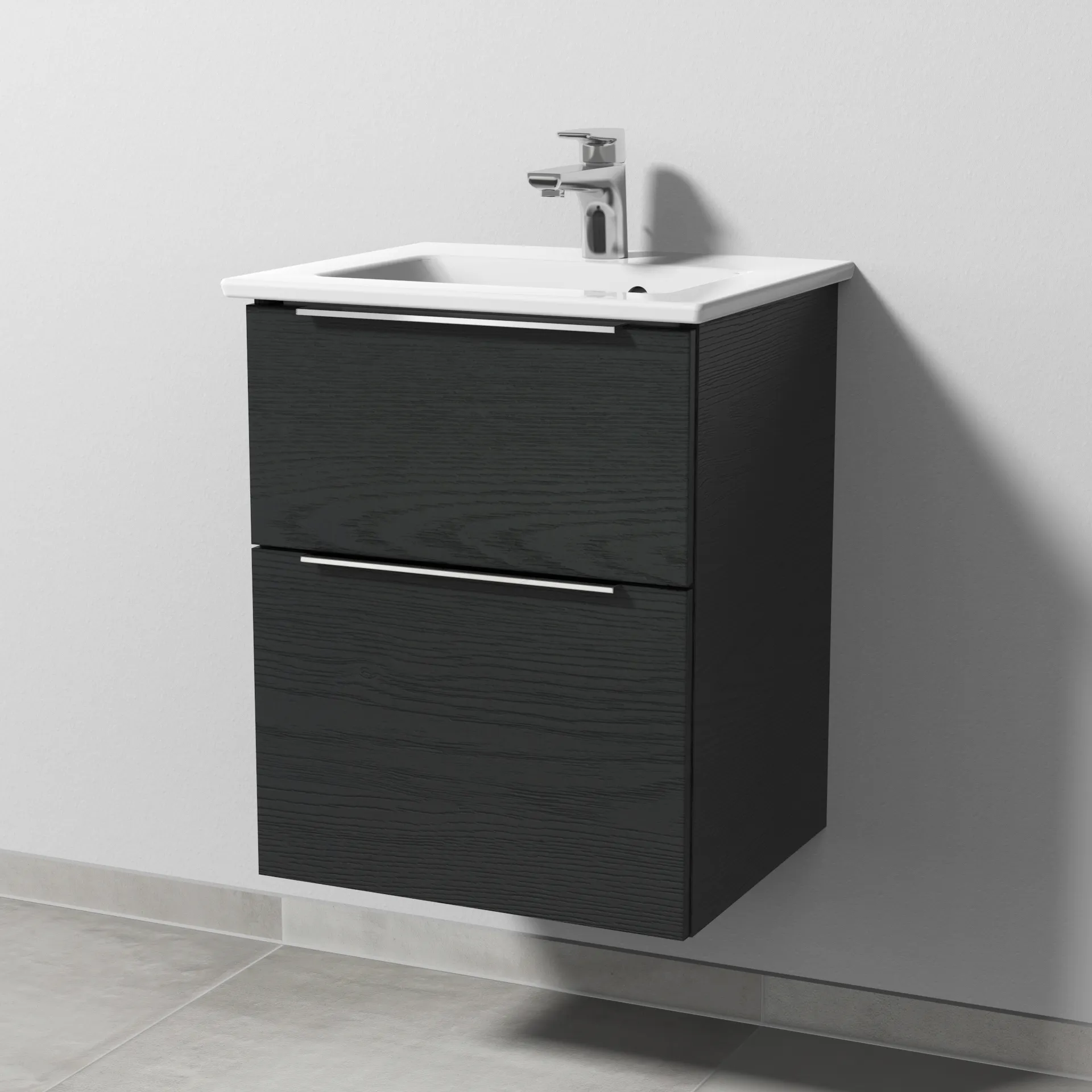 Keramik-Waschtisch-Set mit Waschtischunterschrank „3way“ 46,5 × 40,1 × 59,1 cm in Black Oak, mit Hahnlochbohrung, Becken mittig