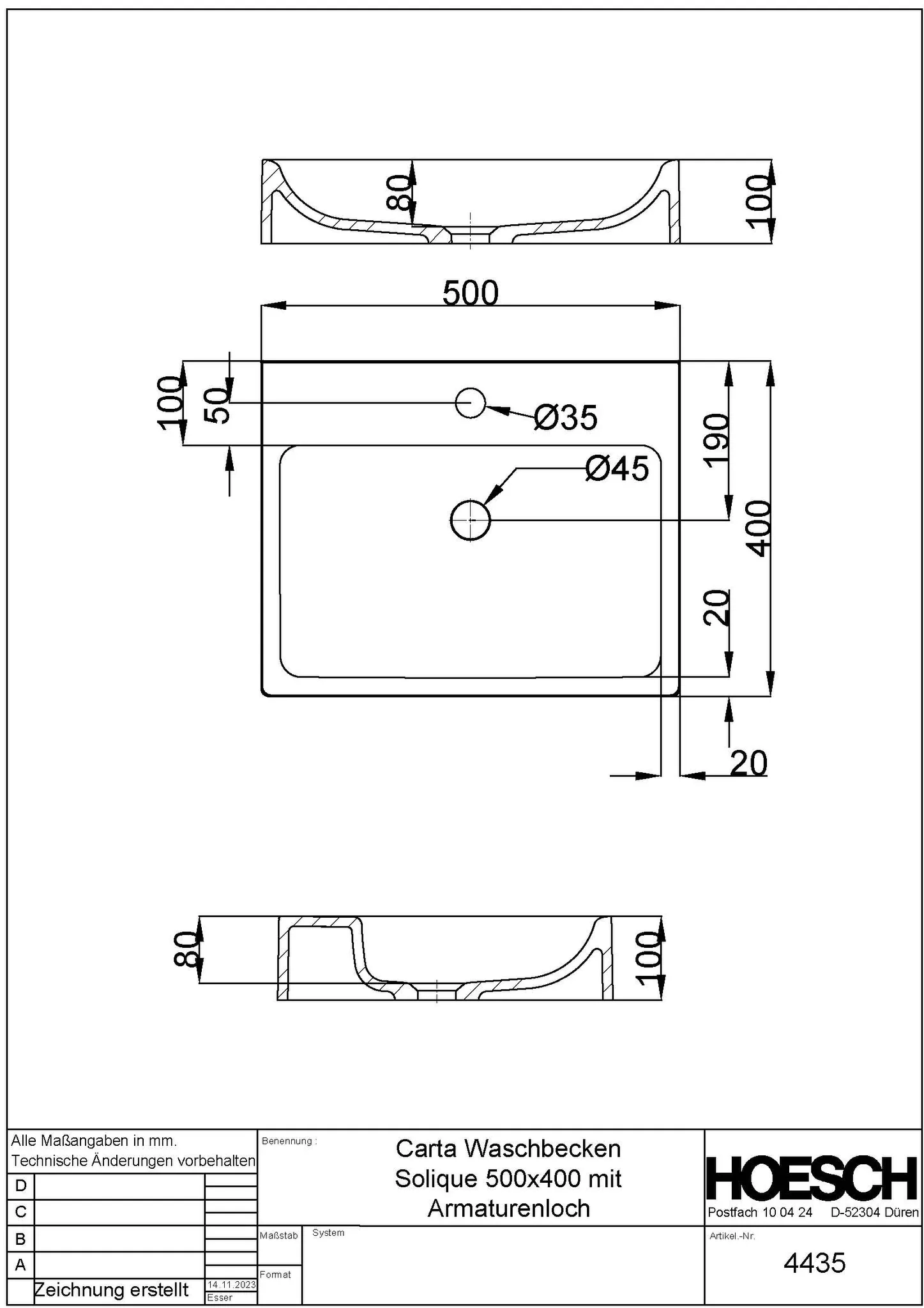 Hoesch Carta Aufsatz-Waschbecken Mineralguss Solique, Weiß, 400x500 mm