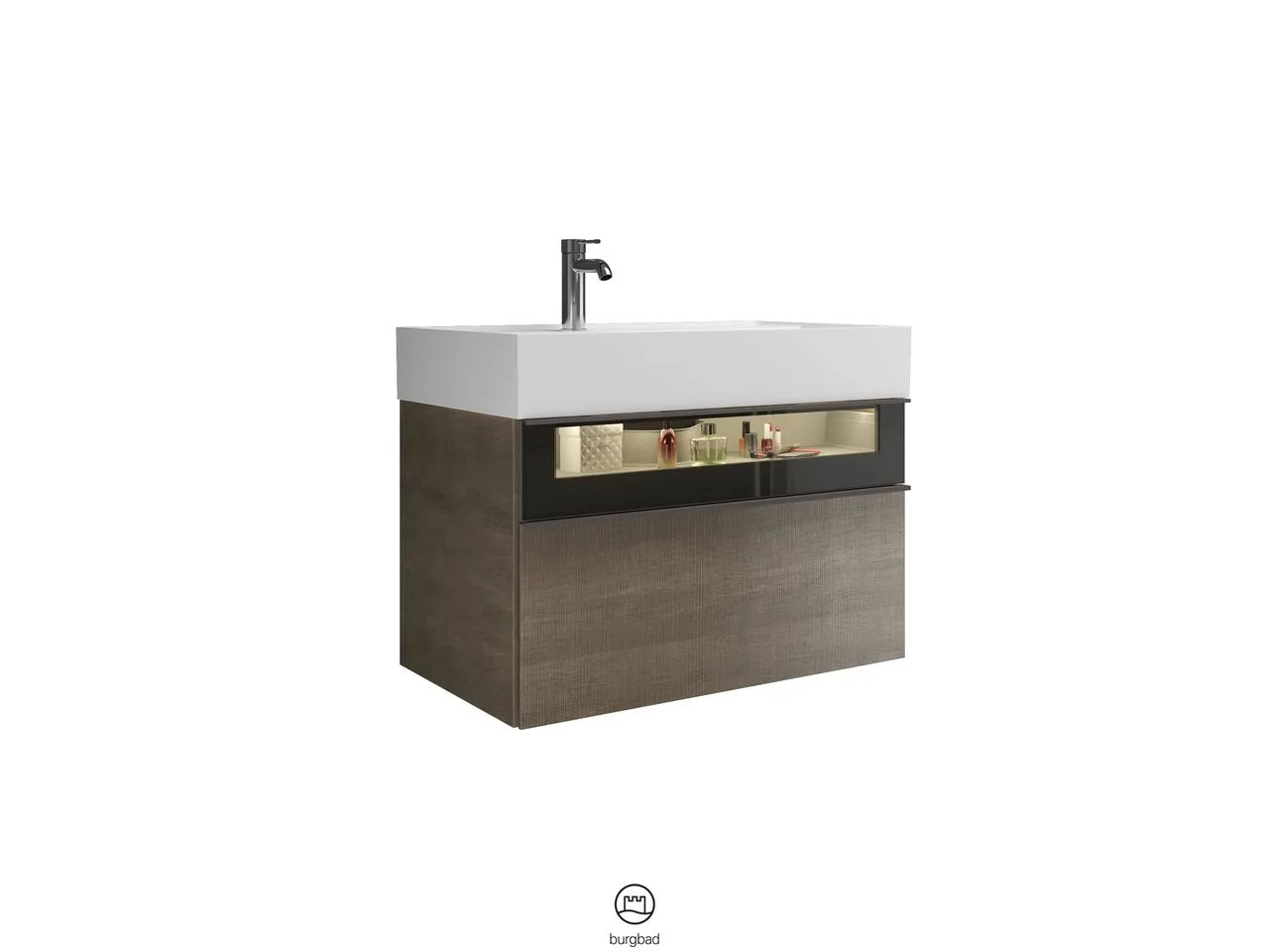 Mi-Waschtisch inkl. WTU Yumo von burgbad – 470x815x610 mm, Mineralguss, Rauchglasfront, LED-Beleuchtung Mi-Waschtisch inkl. WTU Yumo von burgbad – 470x815x610 mm, Mineralguss, Rauchglasfront, LED-Beleuchtung