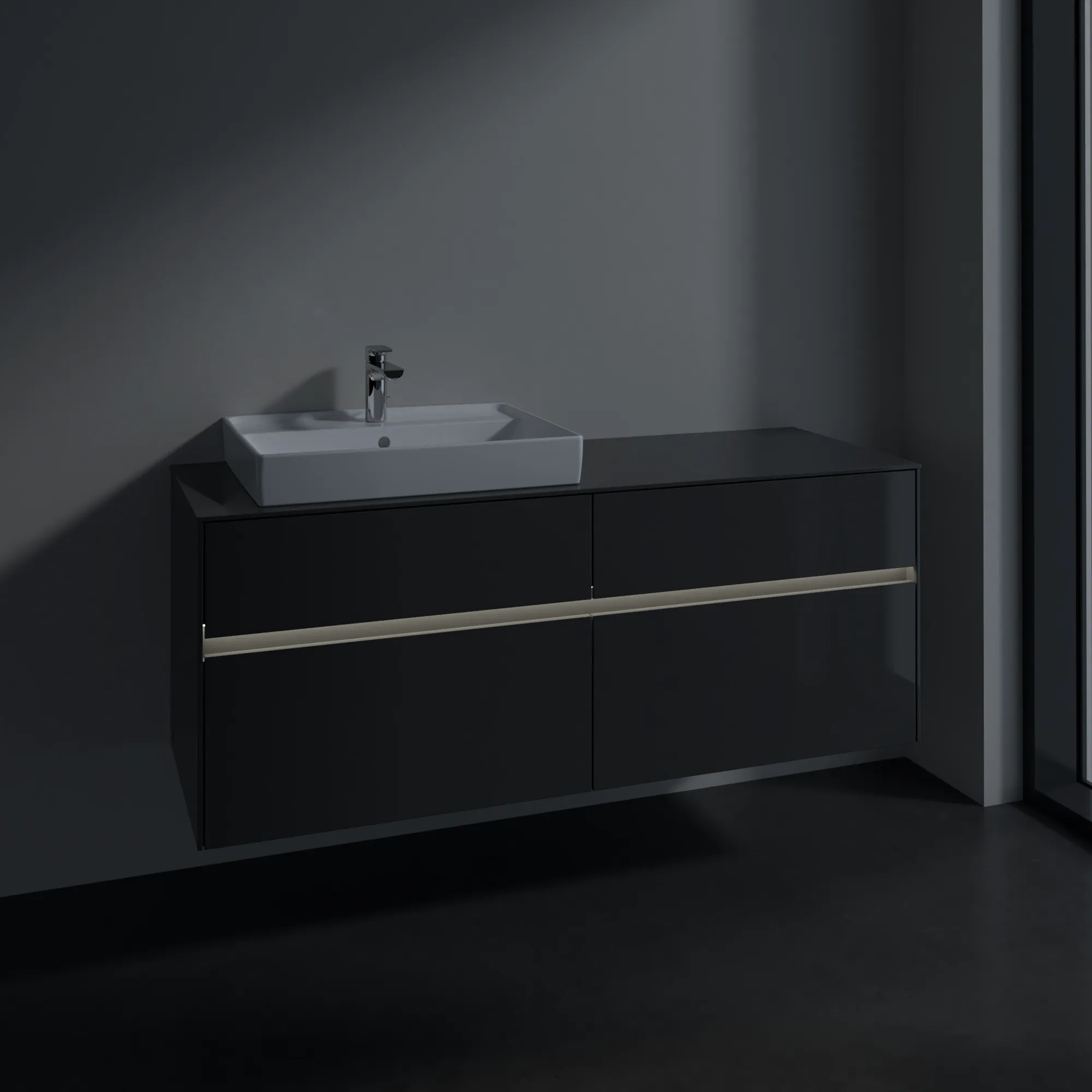Villeroy & Boch Waschtischunterschrank „Collaro“ 1400 × 548 × 500 mm Glossy Grey, mit Beleuchtung, für Becken links