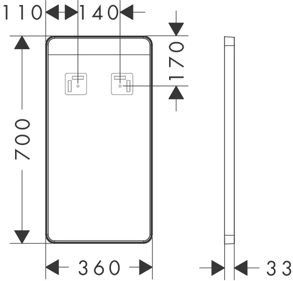 Hansgrohe Xarita Lite Q Spiegel mit horizontaler LED-Beleuchtung, Mattschwarz, Maße: 360 x 700 x 30 mm