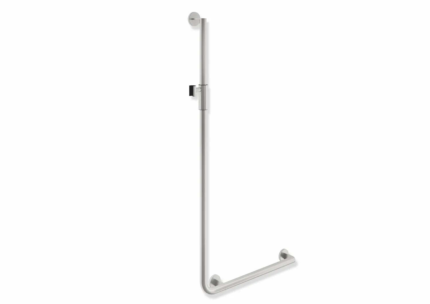 Winkelgriff mit Brausehalter, Edelstahl, schliff, waagerechte Länge 600 mm, senkrechte Länge 1250 mm, D: 32 mm, Ausführung rechts, mit magnetischem Brausehalter Winkelgriff mit Brausehalter, Edelstahl, schliff, waagerechte Länge 600 mm, senkrechte Länge 1250 mm, D: 32 mm, Ausführung rechts, mit magnetischem Brausehalter